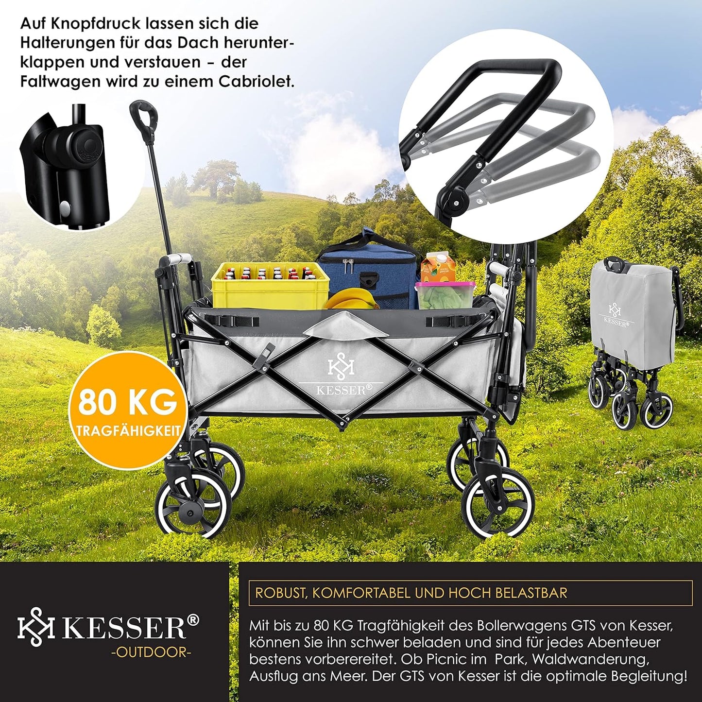 KESSER® Bollerwagen Faltbar GTS-9100 mit Dach Handwagen Transportwagen klappbar inkl. 2X 3-Punkt Gurtsystem 360° Vollgummi-Reifen & Innenraumverlängerung Vorder- und Hinter-Bremse + Tragetasche Grau