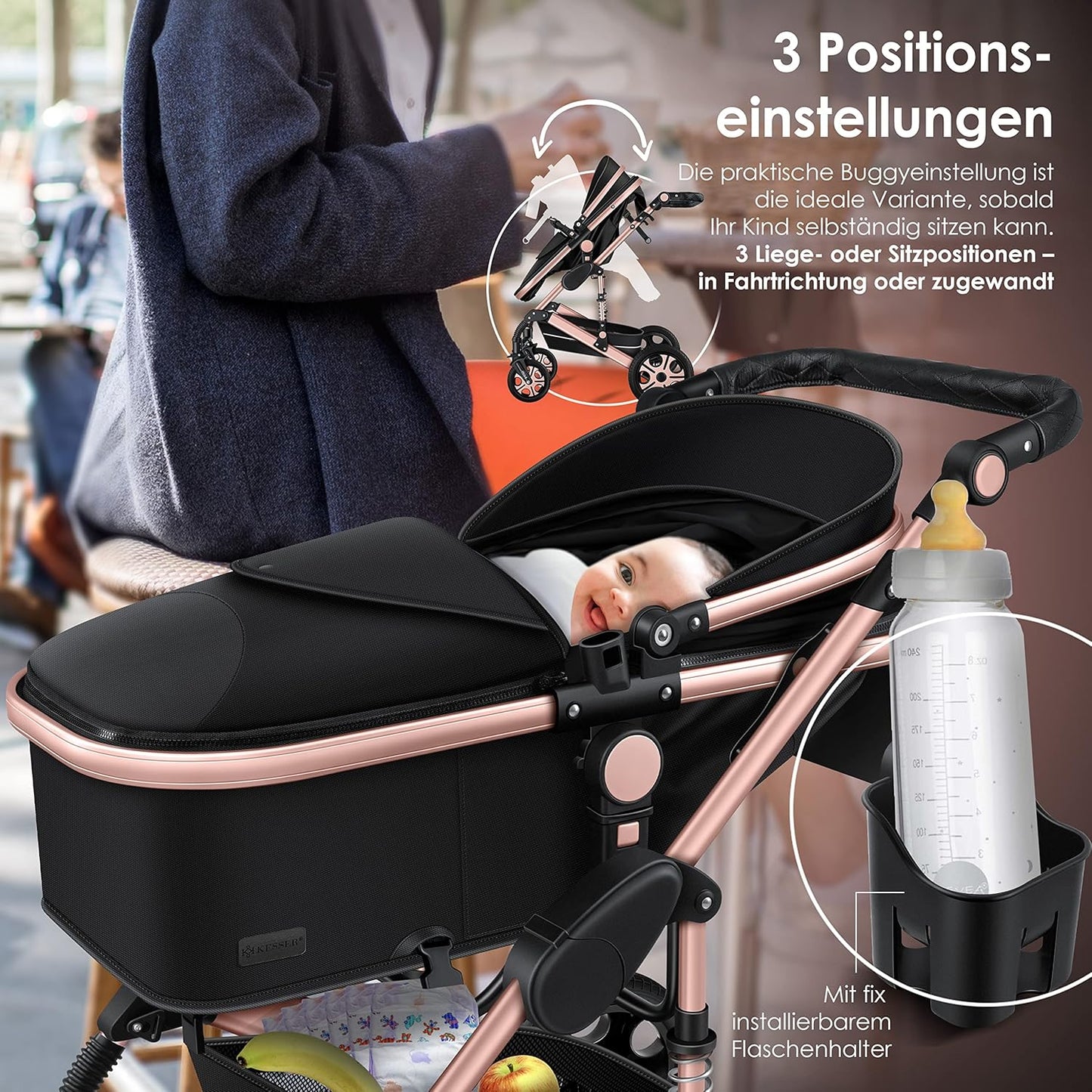 KESSER® Loops 3 in 1 Kinderwagen Kombikinderwagen Komplett-Set inkl. Babywanne & Buggy Sportsitz & Auto-Babyschale Voll-Gummireifen Wickeltasche Regenschutz Kindertisch ECE R129, Schwarz/Rosé Gold