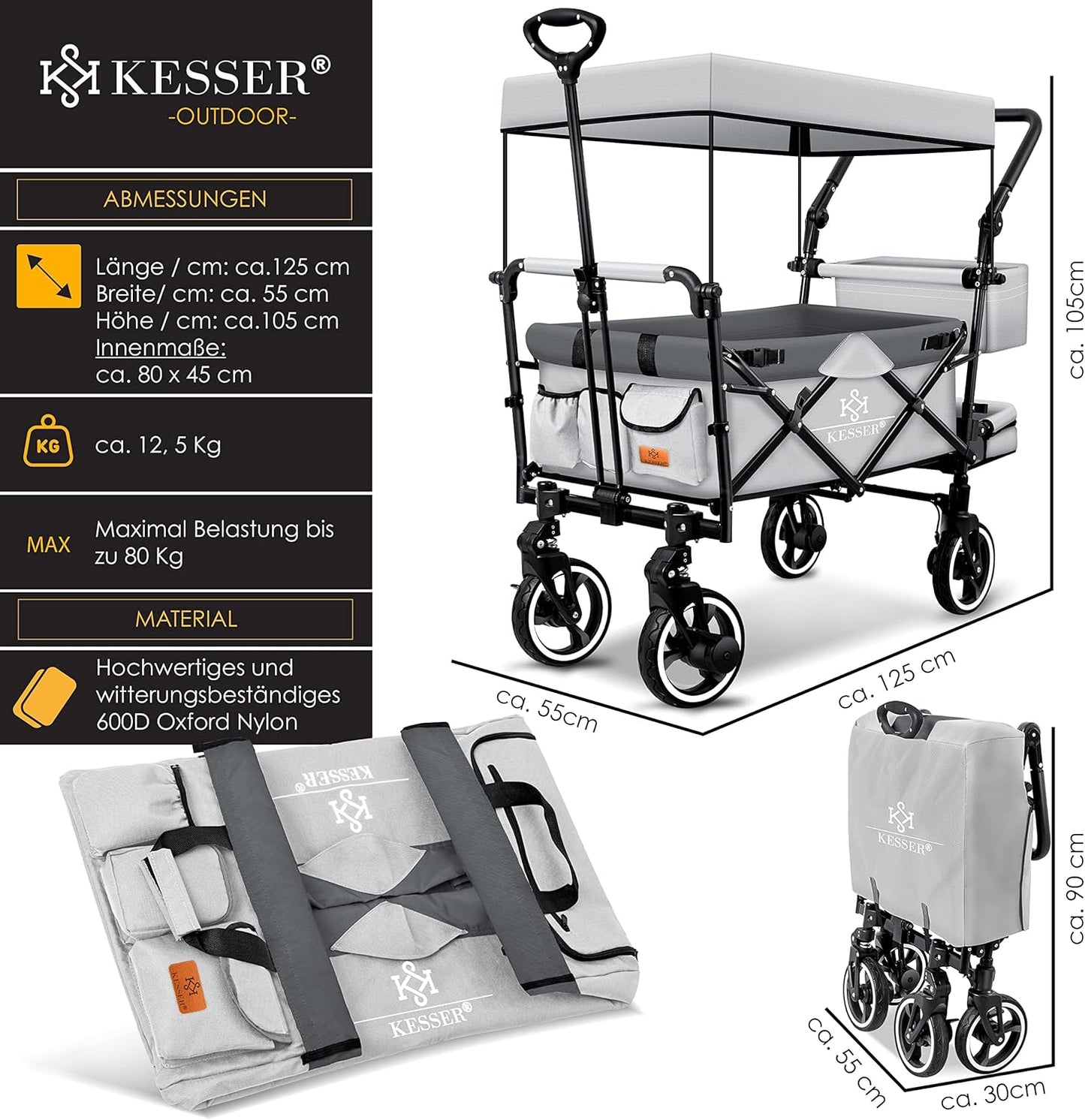 KESSER® Bollerwagen Faltbar GTS-9100 mit Dach Handwagen Transportwagen klappbar inkl. 2X 3-Punkt Gurtsystem 360° Vollgummi-Reifen & Innenraumverlängerung Vorder- und Hinter-Bremse + Tragetasche Grau
