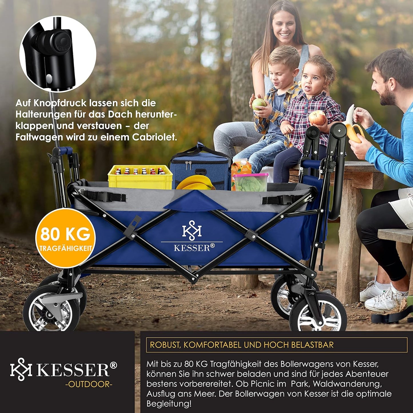 KESSER® Bollerwagen faltbar GT9000 mit Dach Handwagen Transportwagen | inkl. 2X 3-Punkt Gurtsystem| klappbar | Vollgummi-Reifen | bis 80 kg | Vorder- und Hinter-Bremse + Tragetasche, Blau/Grau