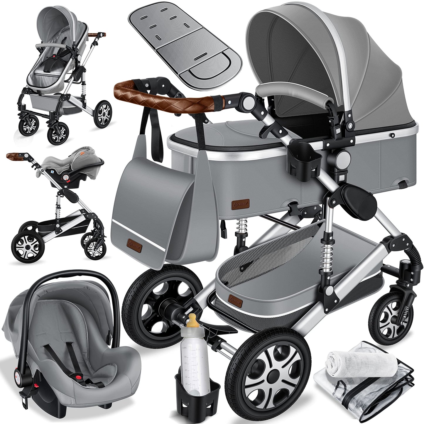 KESSER® Loops 3 in 1 Kinderwagen Kombikinderwagen Komplett-Set inkl. Babywanne & Buggy Sportsitz & Auto-Babyschale Voll-Gummireifen Wickeltasche Regenschutz Kindertisch ECE R129, Schwarz/Rosé Gold