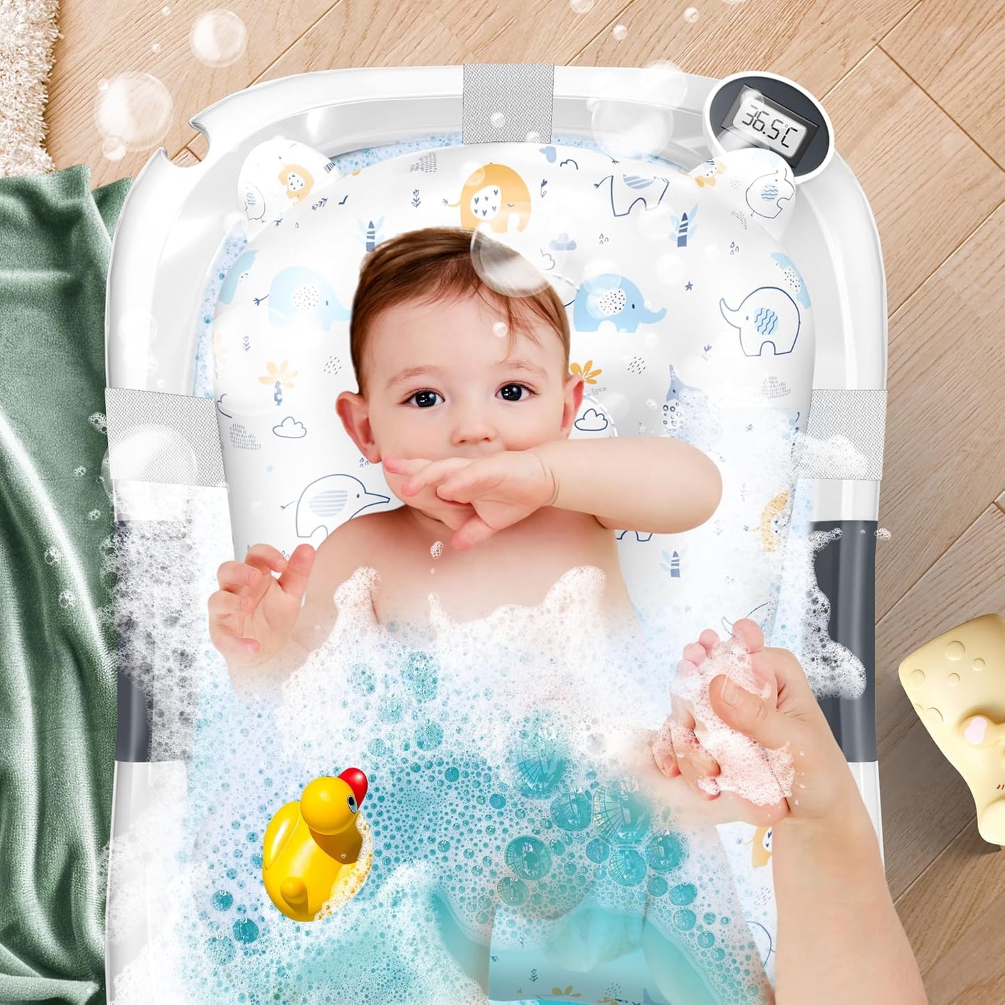 KIDIZยฎ Baby Badewanne | Babywanne platzsparend & faltbar | Badebecken Duschwanne fรผr Neugeborene Kleinkinder 0-24 Monate | Reisedusche tragbar fรผr Babys | Bathtub ergonomisch mit Thermostat & Kissen