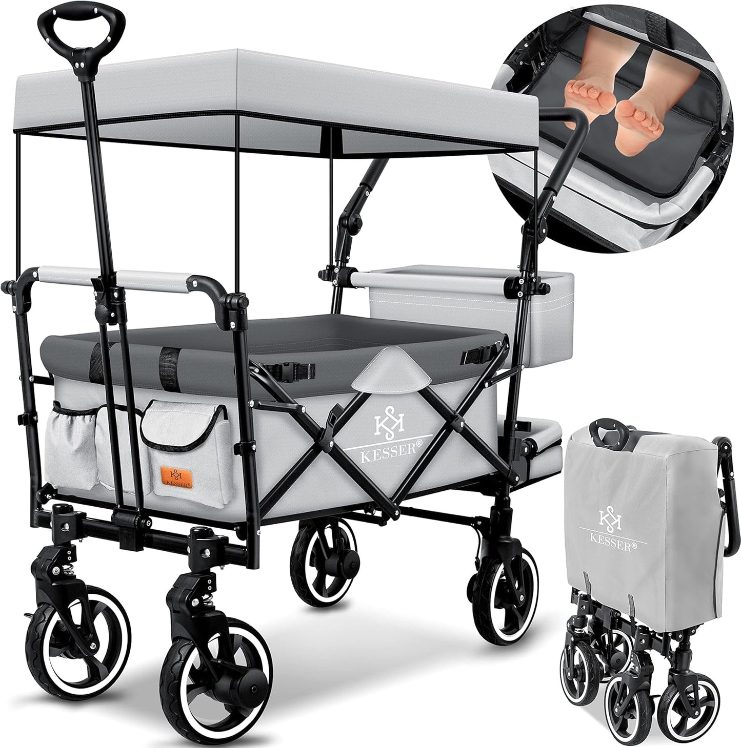 KESSER® Bollerwagen Faltbar GTS-9100 mit Dach Handwagen Transportwagen klappbar inkl. 2X 3-Punkt Gurtsystem 360° Vollgummi-Reifen & Innenraumverlängerung Vorder- und Hinter-Bremse + Tragetasche Grau