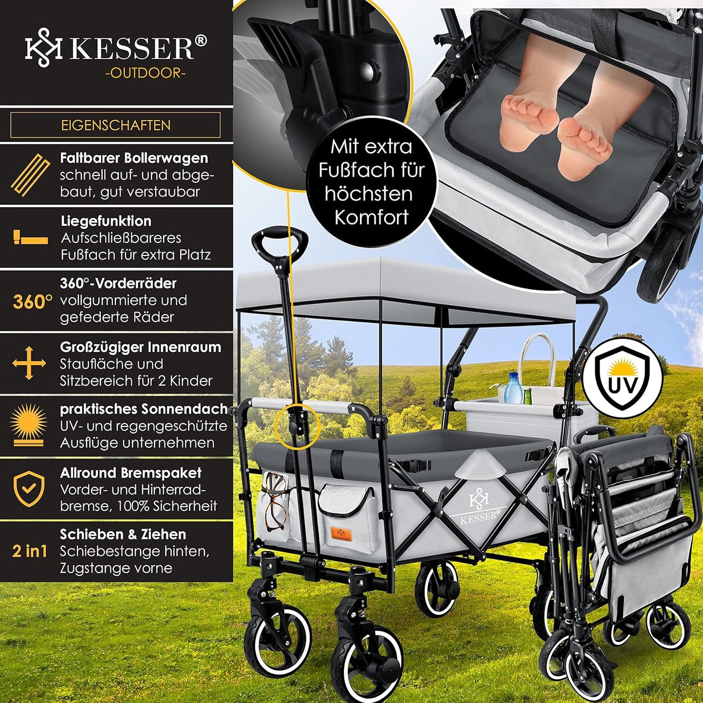 KESSER® Bollerwagen Faltbar GTS-9100 mit Dach Handwagen Transportwagen klappbar inkl. 2X 3-Punkt Gurtsystem 360° Vollgummi-Reifen & Innenraumverlängerung Vorder- und Hinter-Bremse + Tragetasche Grau