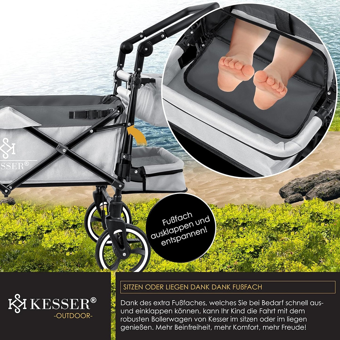 KESSER® Bollerwagen Faltbar GTS-9100 mit Dach Handwagen Transportwagen klappbar inkl. 2X 3-Punkt Gurtsystem 360° Vollgummi-Reifen & Innenraumverlängerung Vorder- und Hinter-Bremse + Tragetasche Grau