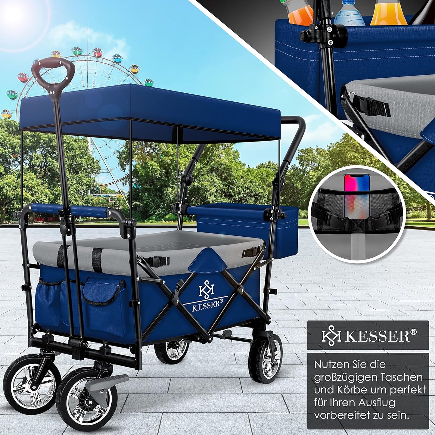 KESSER® Bollerwagen faltbar GT9000 mit Dach Handwagen Transportwagen | inkl. 2X 3-Punkt Gurtsystem| klappbar | Vollgummi-Reifen | bis 80 kg | Vorder- und Hinter-Bremse + Tragetasche, Blau/Grau