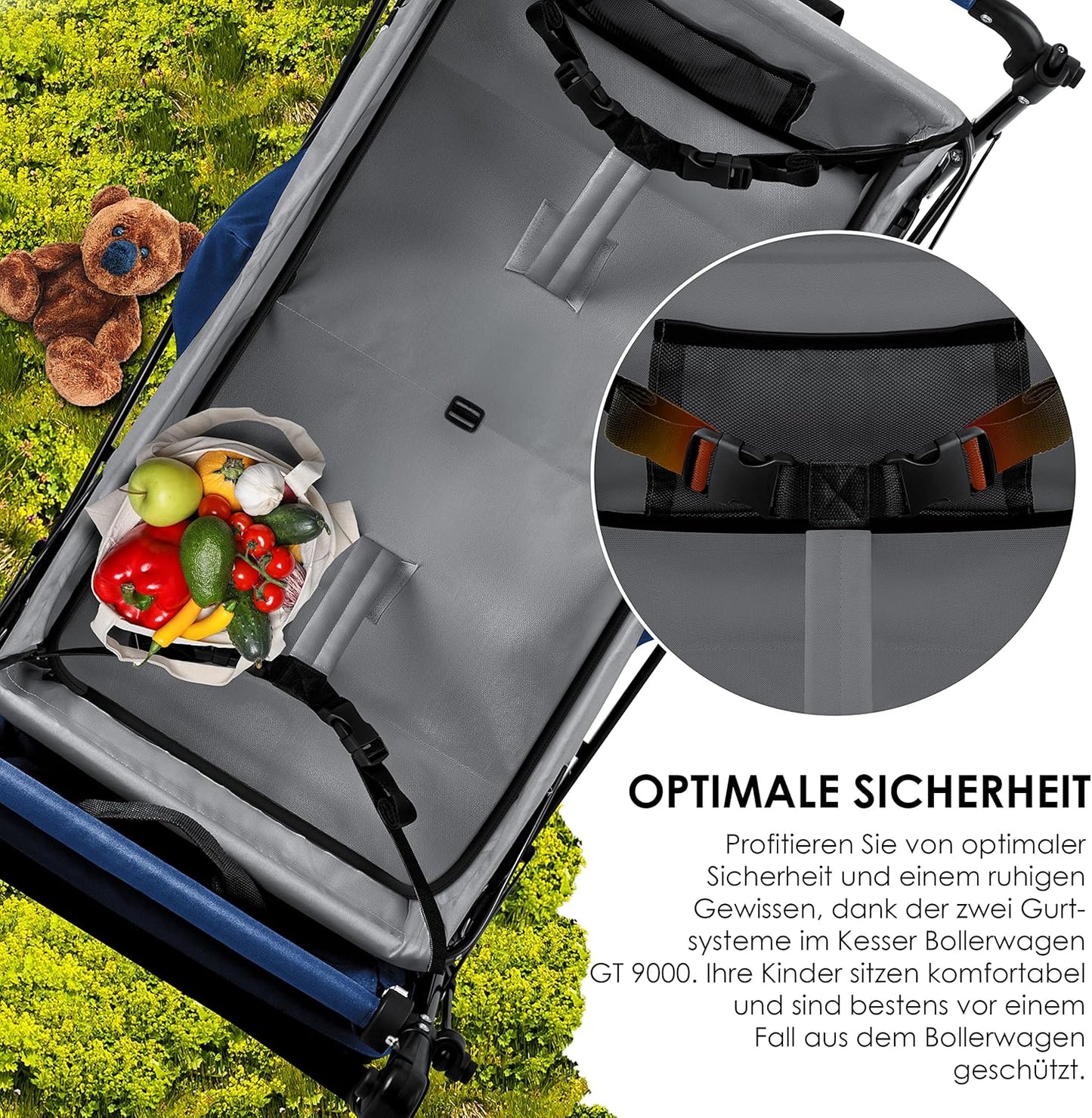 KESSER® Bollerwagen faltbar GT9000 mit Dach Handwagen Transportwagen | inkl. 2X 3-Punkt Gurtsystem| klappbar | Vollgummi-Reifen | bis 80 kg | Vorder- und Hinter-Bremse + Tragetasche, Blau/Grau