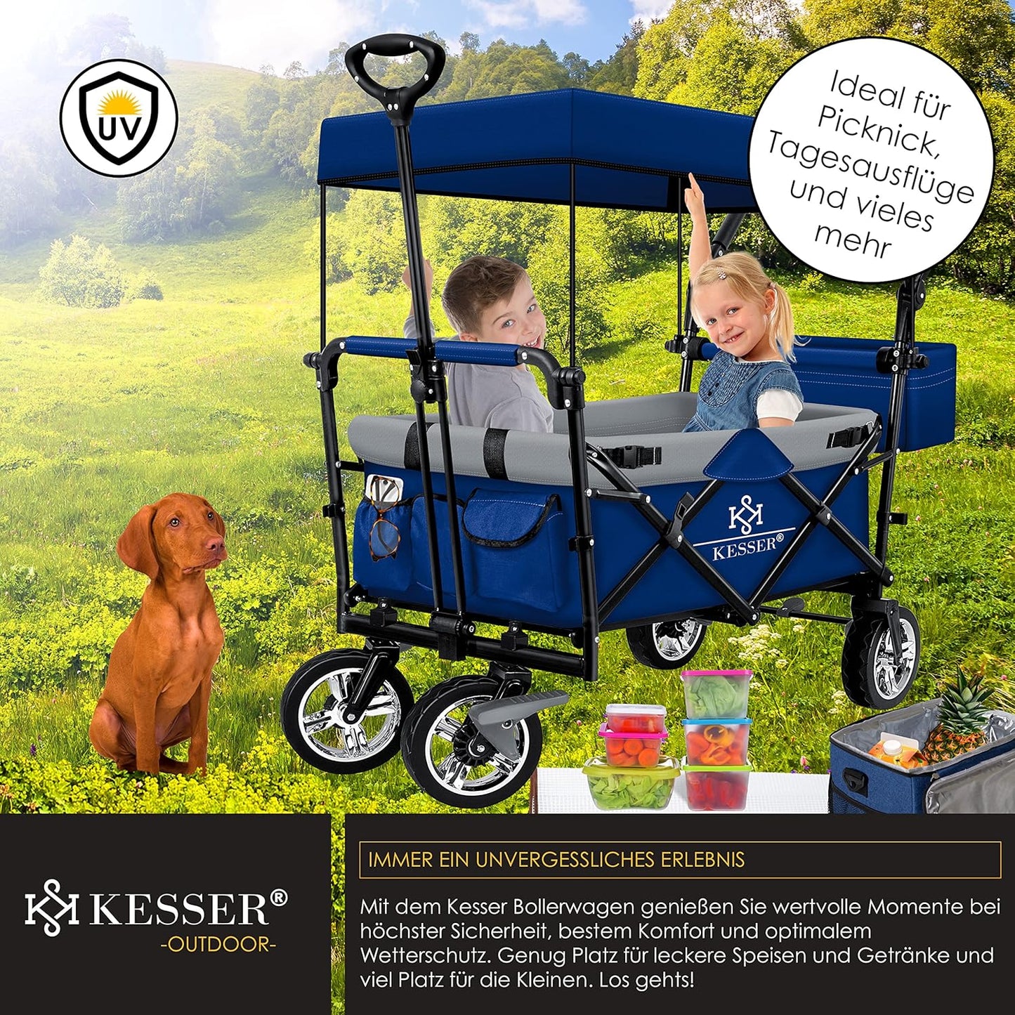 KESSER® Bollerwagen faltbar GT9000 mit Dach Handwagen Transportwagen | inkl. 2X 3-Punkt Gurtsystem| klappbar | Vollgummi-Reifen | bis 80 kg | Vorder- und Hinter-Bremse + Tragetasche, Blau/Grau