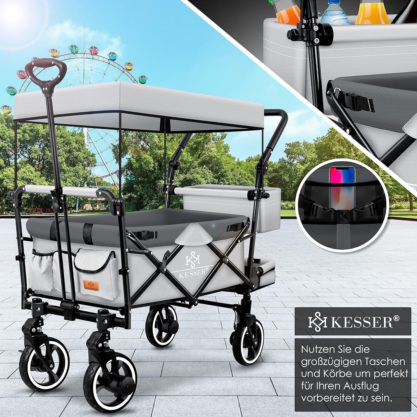 KESSER® Bollerwagen Faltbar GTS-9100 mit Dach Handwagen Transportwagen klappbar inkl. 2X 3-Punkt Gurtsystem 360° Vollgummi-Reifen & Innenraumverlängerung Vorder- und Hinter-Bremse + Tragetasche Grau