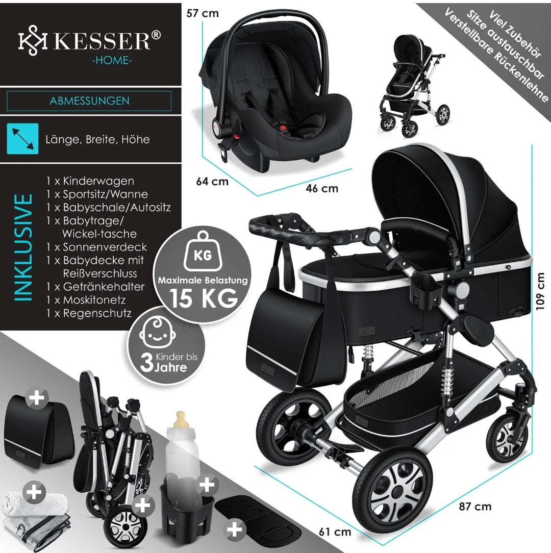 KESSER® Loops 3 in 1 Kombi-Kinderwagen Buggy Reisebuggy inkl. Auto- Babyschale