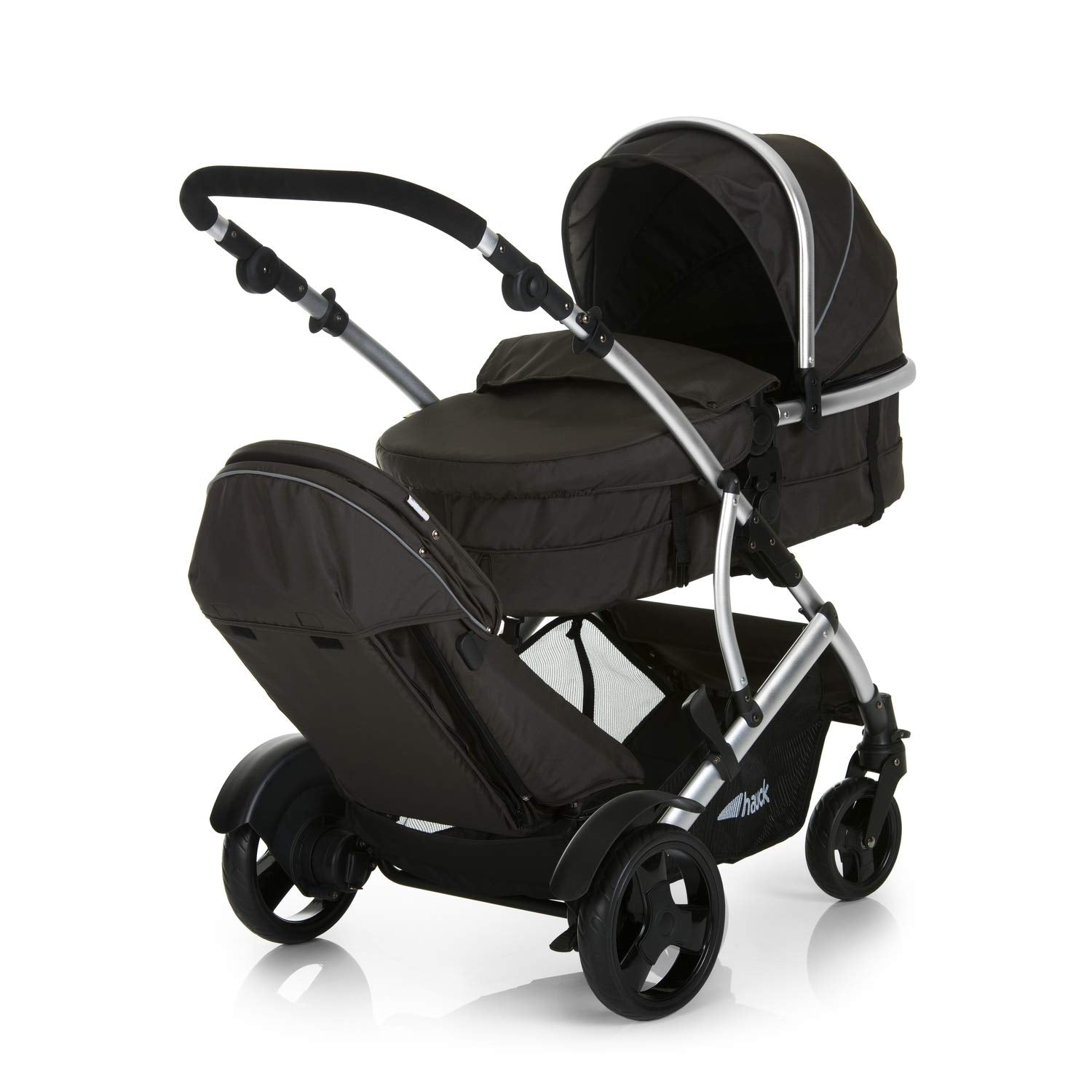 Hauck duet 2 double stroller for brothers of different ages, baby carry-on bag convertible into reversible seat, low detachable seat, height-adjustable handlebar, black forest