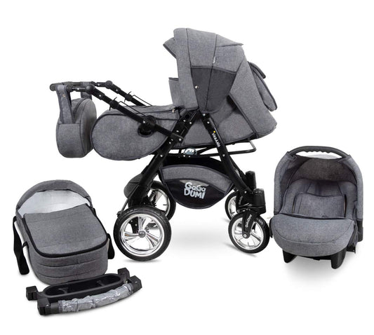 GaGaDumi Urbano 3-in-1 Complete Set with Car Seat - Baby Stroller 3-in-1 TÜV - Combination Pram 3-in-1 Complete Set Full Rubber Tyres - Grey Jeans