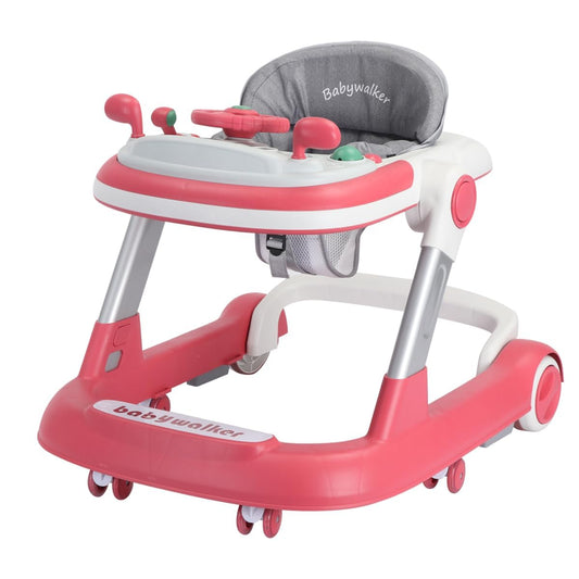 UBRAVOO 2-in-1 Baby Walker, Toddler Walker with Removable Feeding Tray and Music Tray, Foldable Walker for Children Aged 6 to 18 Months (Red)