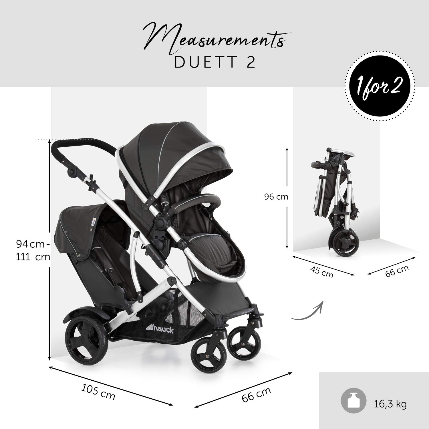 Hauck duet 2 double stroller for brothers of different ages, baby carry-on bag convertible into reversible seat, low detachable seat, height-adjustable handlebar, black forest
