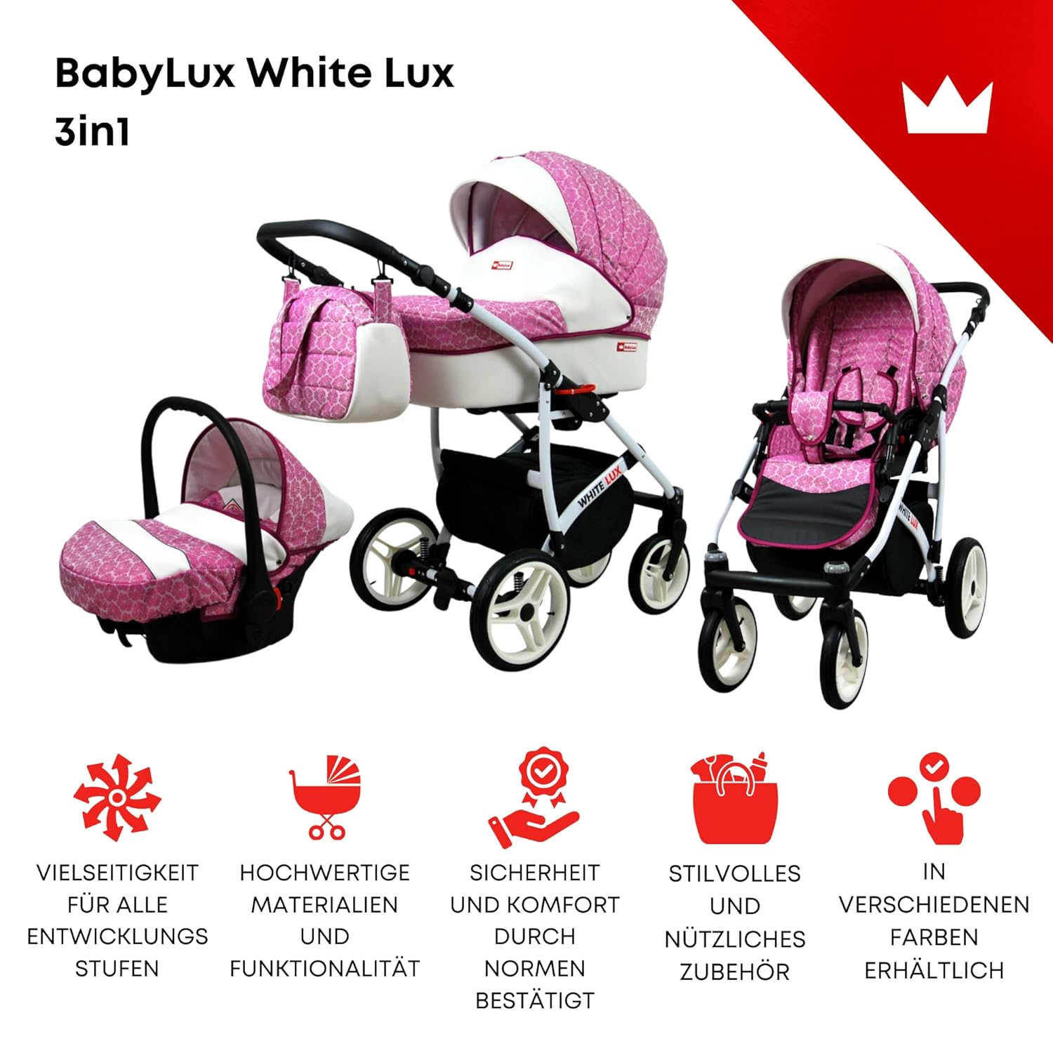 BabyLux® Bambimo Kinderwagen Set 3 in 1 - White Lux - incl. Babywanne, Buggy Sportsitz, Auto-Babyschale - Autositz - Kinderwagenset - Kombikinderwagen mit Wickeltasche, Regenschutz usw.