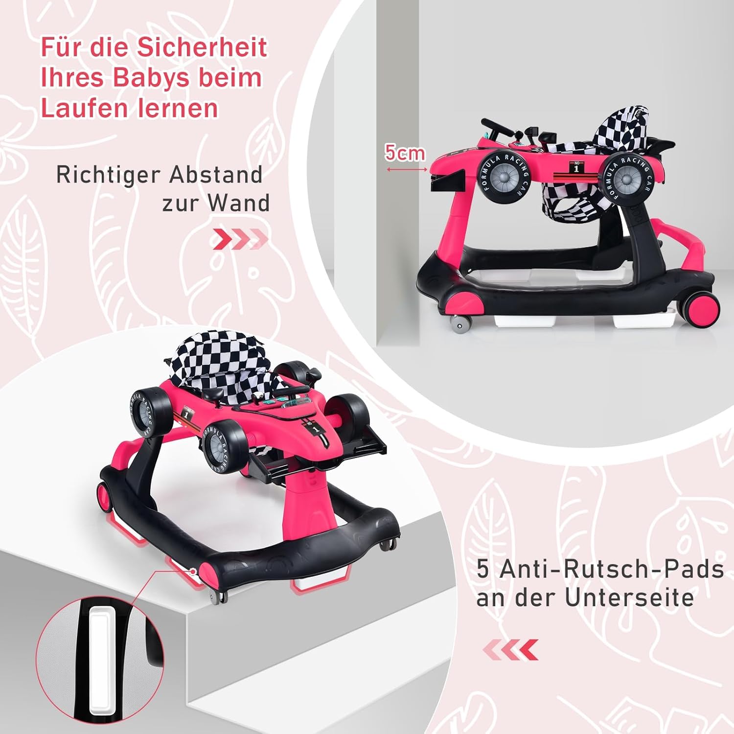 COSTWAY 4-in-1 Baby Walker Foldable with Adjustable Height and Speed, Baby Walker Car-Shaped with Music Box, Light & Wheels, Walker Baby from 6 Months, 15 kg Load Capacity (Pink)