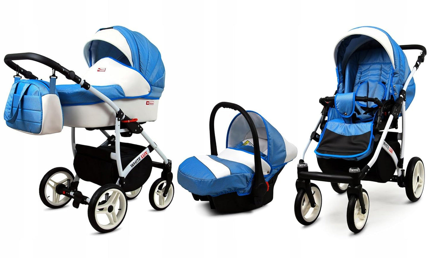 BabyLux® Bambimo Kinderwagen Set 3 in 1 - White Lux - incl. Babywanne, Buggy Sportsitz, Auto-Babyschale - Autositz - Kinderwagenset - Kombikinderwagen mit Wickeltasche, Regenschutz usw.