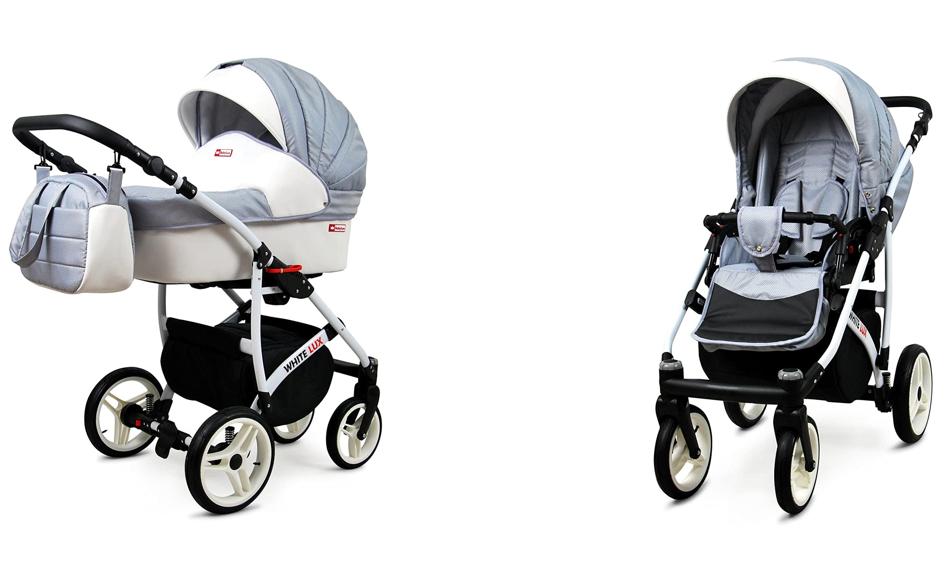 BabyLux® Bambimo Kinderwagen Set 3 in 1 - White Lux - incl. Babywanne, Buggy Sportsitz, Auto-Babyschale - Autositz - Kinderwagenset - Kombikinderwagen mit Wickeltasche, Regenschutz usw.
