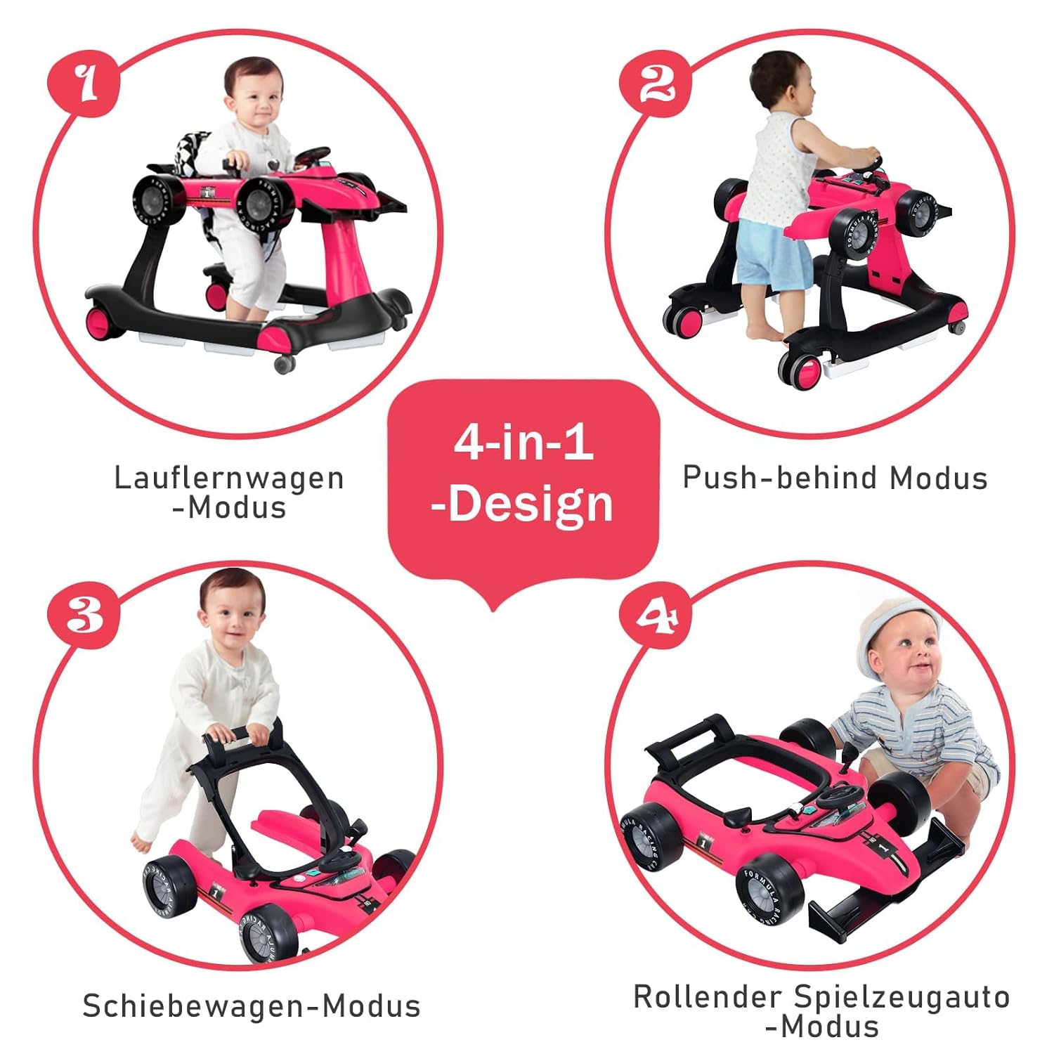 COSTWAY 4-in-1 Baby Walker Foldable with Adjustable Height and Speed, Baby Walker Car-Shaped with Music Box, Light & Wheels, Walker Baby from 6 Months, 15 kg Load Capacity (Pink)