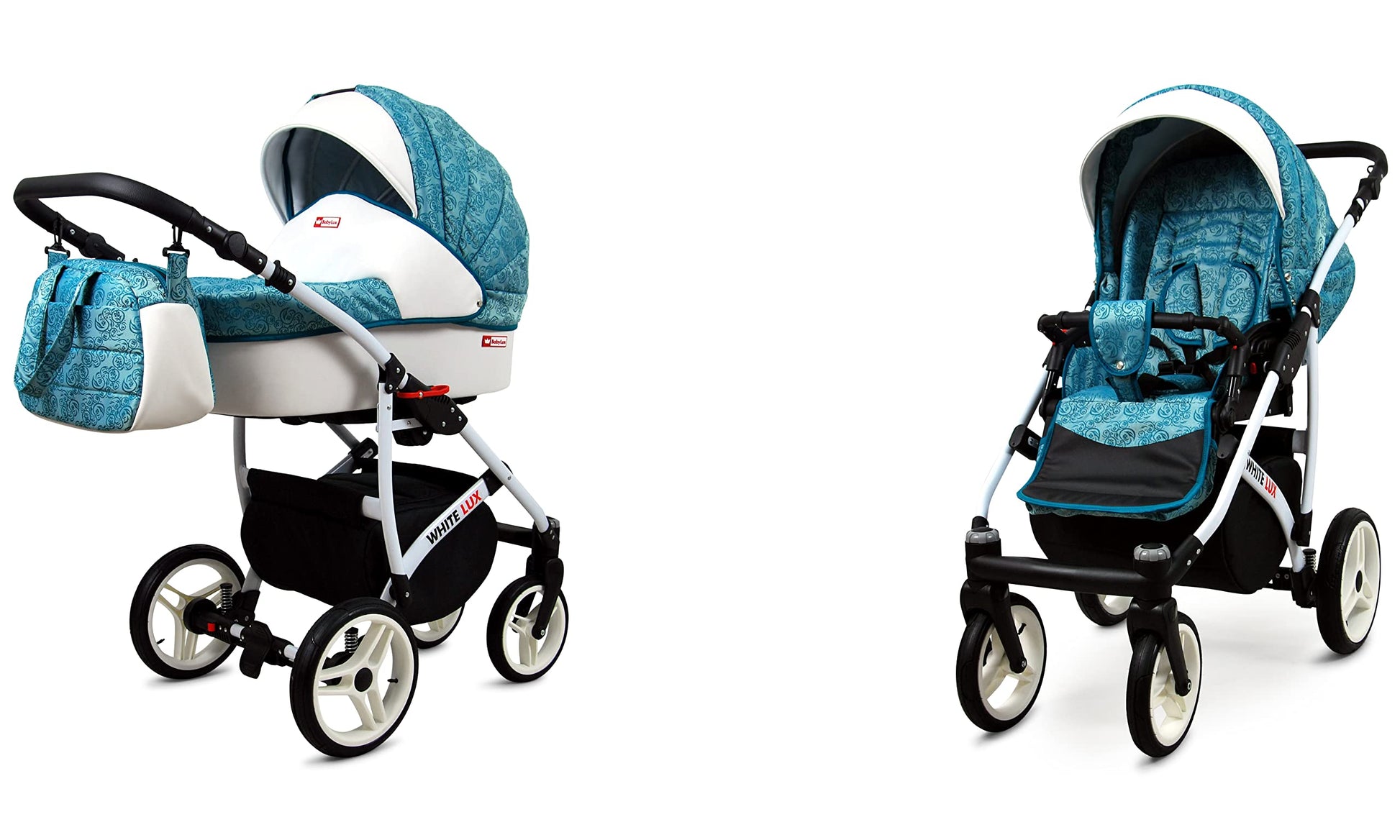 BabyLux® Bambimo Kinderwagen Set 3 in 1 - White Lux - incl. Babywanne, Buggy Sportsitz, Auto-Babyschale - Autositz - Kinderwagenset - Kombikinderwagen mit Wickeltasche, Regenschutz usw.