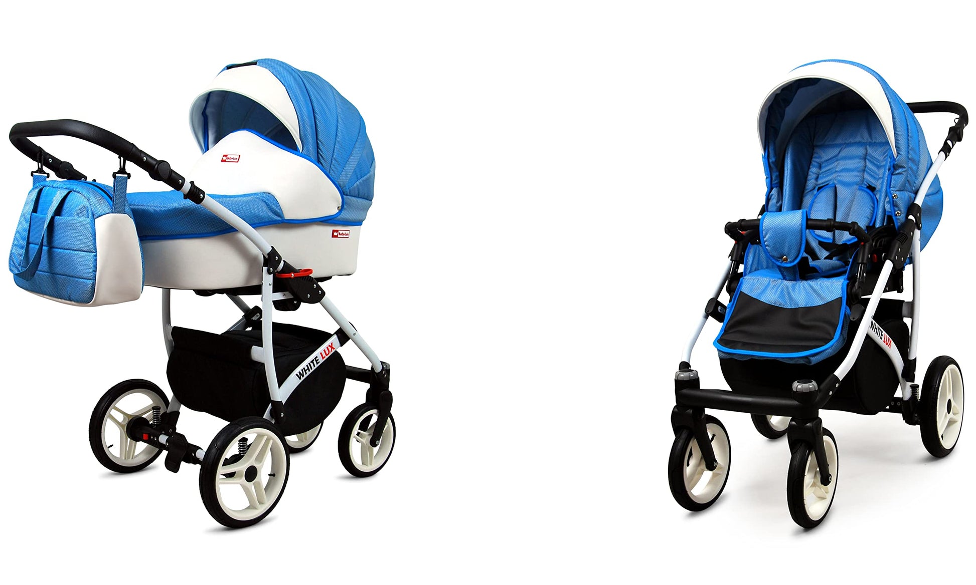 BabyLux® Bambimo Kinderwagen Set 3 in 1 - White Lux - incl. Babywanne, Buggy Sportsitz, Auto-Babyschale - Autositz - Kinderwagenset - Kombikinderwagen mit Wickeltasche, Regenschutz usw.