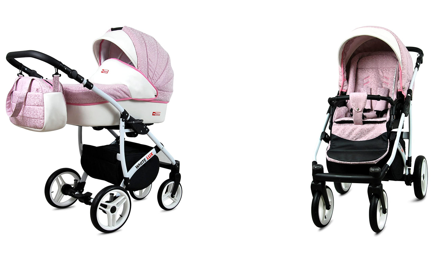 BabyLux® Bambimo Kinderwagen Set 3 in 1 - White Lux - incl. Babywanne, Buggy Sportsitz, Auto-Babyschale - Autositz - Kinderwagenset - Kombikinderwagen mit Wickeltasche, Regenschutz usw.