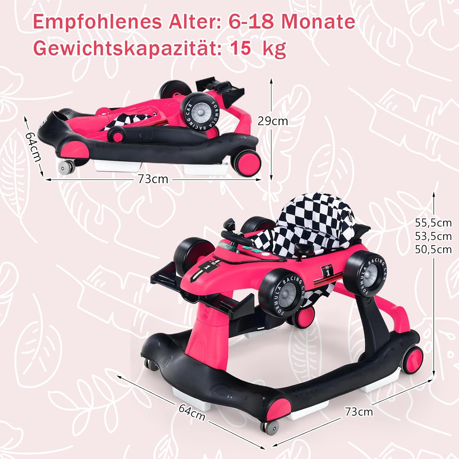 COSTWAY 4-in-1 Baby Walker Foldable with Adjustable Height and Speed, Baby Walker Car-Shaped with Music Box, Light & Wheels, Walker Baby from 6 Months, 15 kg Load Capacity (Pink)