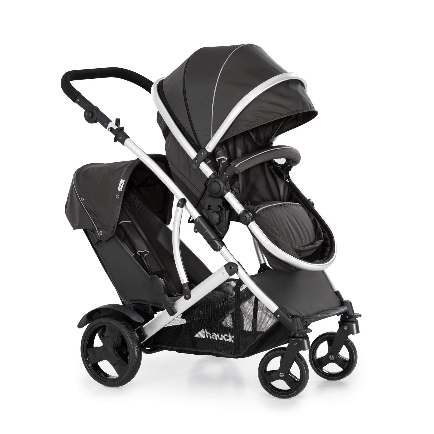 Hauck duet 2 double stroller for brothers of different ages, baby carry-on bag convertible into reversible seat, low detachable seat, height-adjustable handlebar, black forest