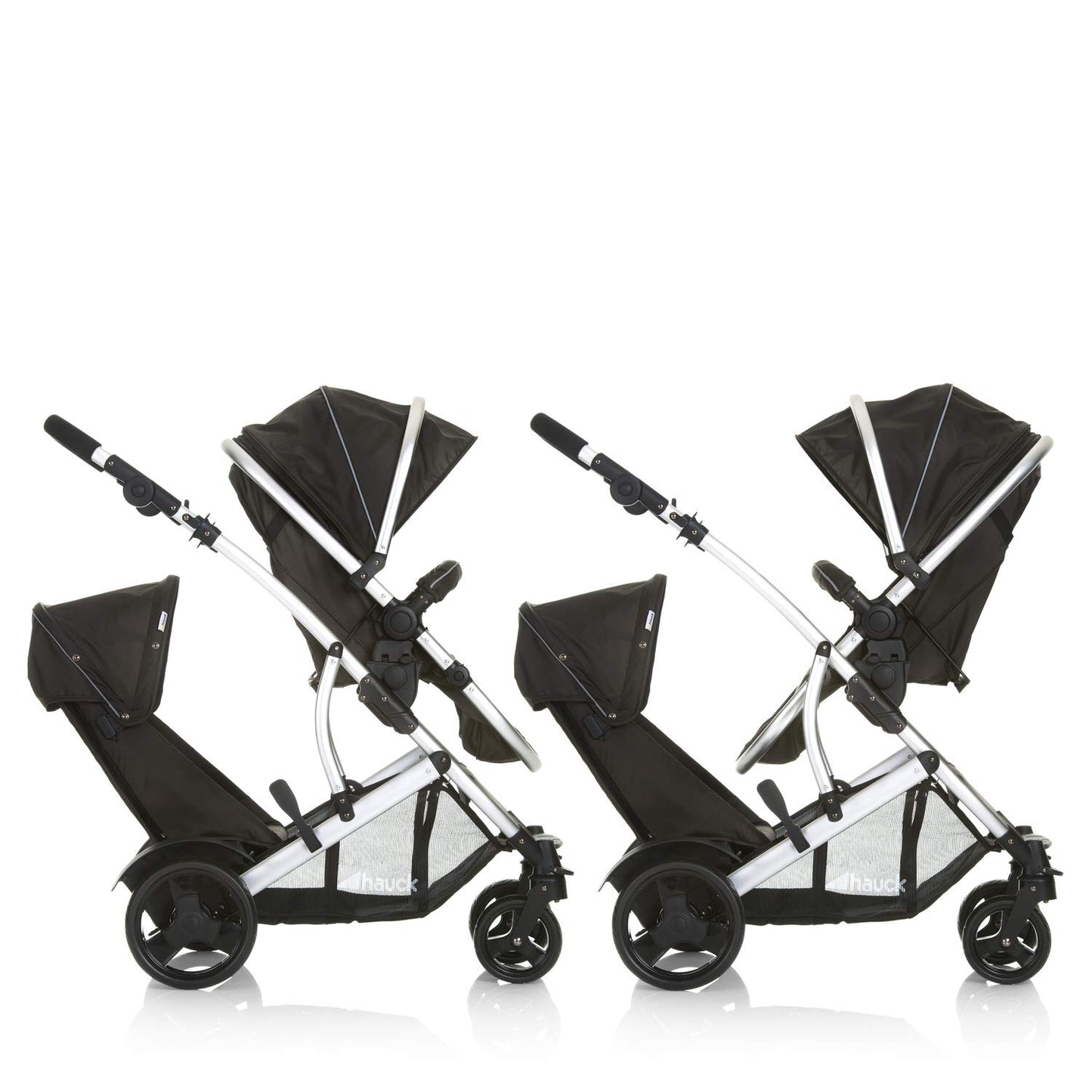 Hauck duet 2 double stroller for brothers of different ages, baby carry-on bag convertible into reversible seat, low detachable seat, height-adjustable handlebar, black forest