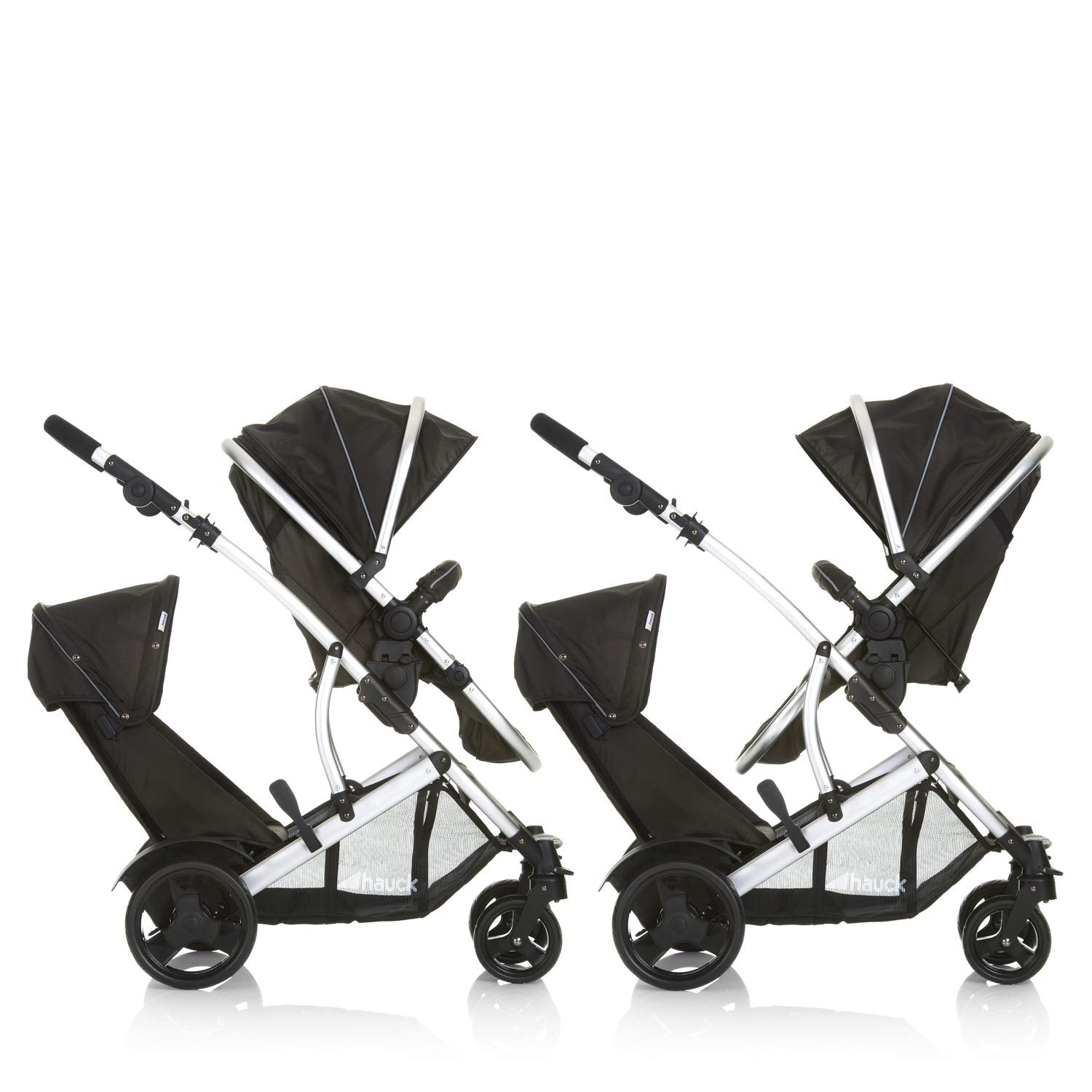 Hauck duet 2 double stroller for brothers of different ages, baby carry-on bag convertible into reversible seat, low detachable seat, height-adjustable handlebar, black forest