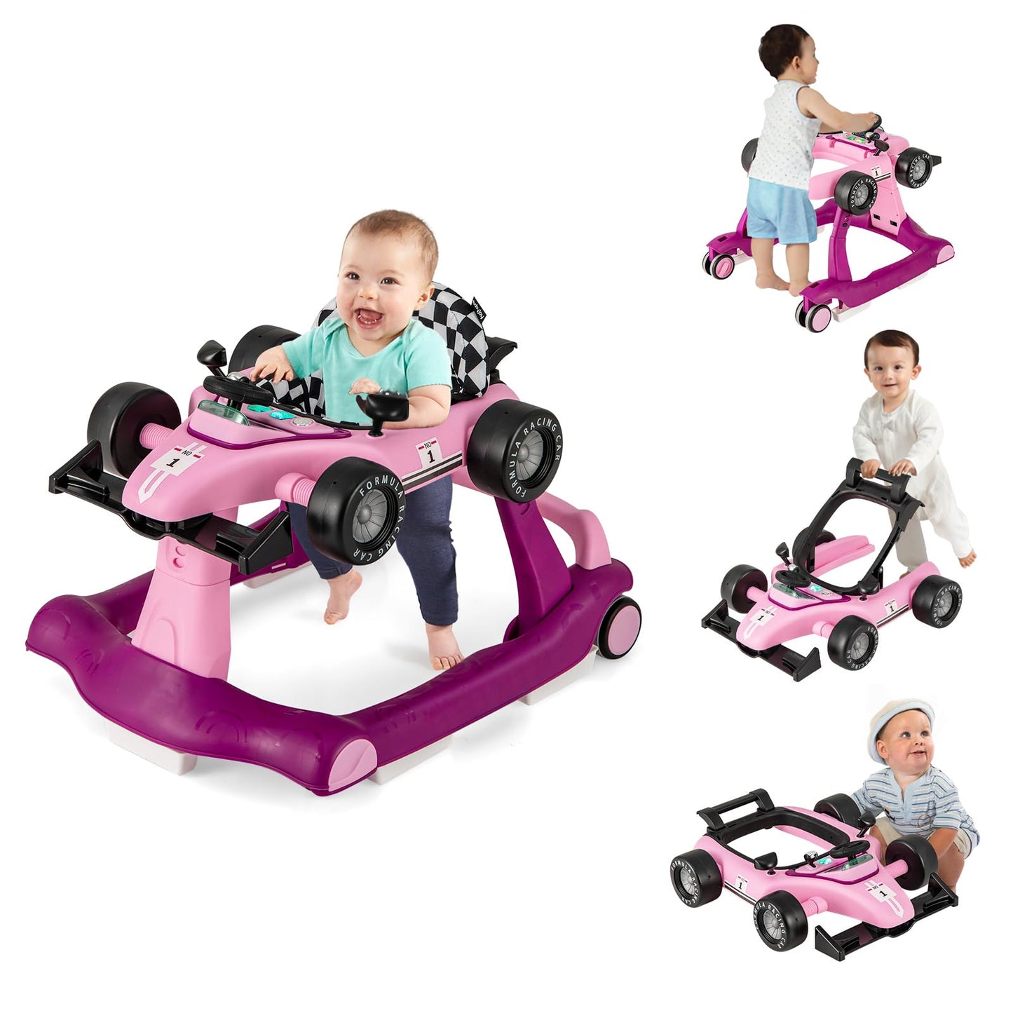 COSTWAY 4-in-1 Baby Walker Foldable with Adjustable Height and Speed, Baby Walker Car-Shaped with Music Box, Light & Wheels, Walker Baby from 6 Months, 15 kg Load Capacity (Pink)
