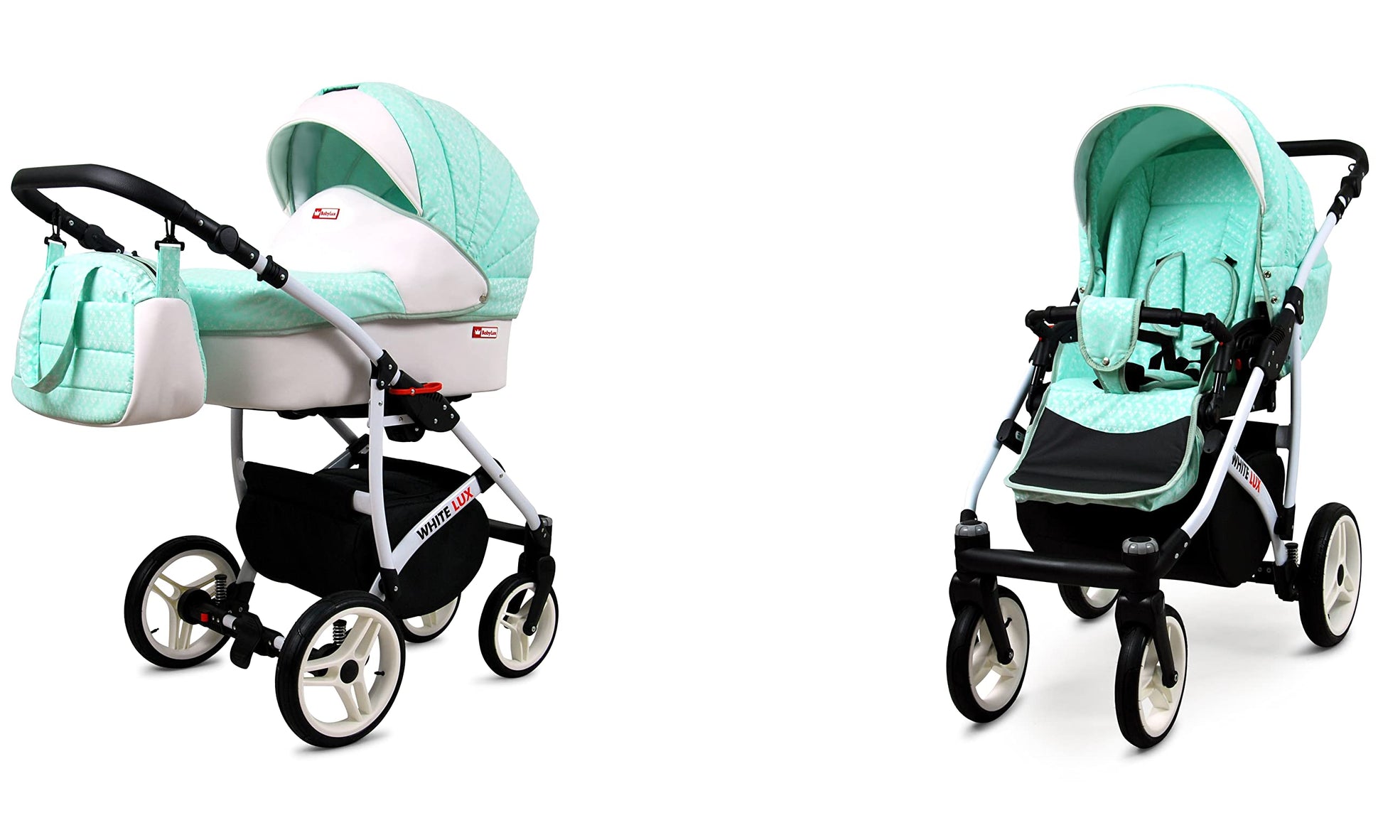 BabyLux® Bambimo Kinderwagen Set 3 in 1 - White Lux - incl. Babywanne, Buggy Sportsitz, Auto-Babyschale - Autositz - Kinderwagenset - Kombikinderwagen mit Wickeltasche, Regenschutz usw.
