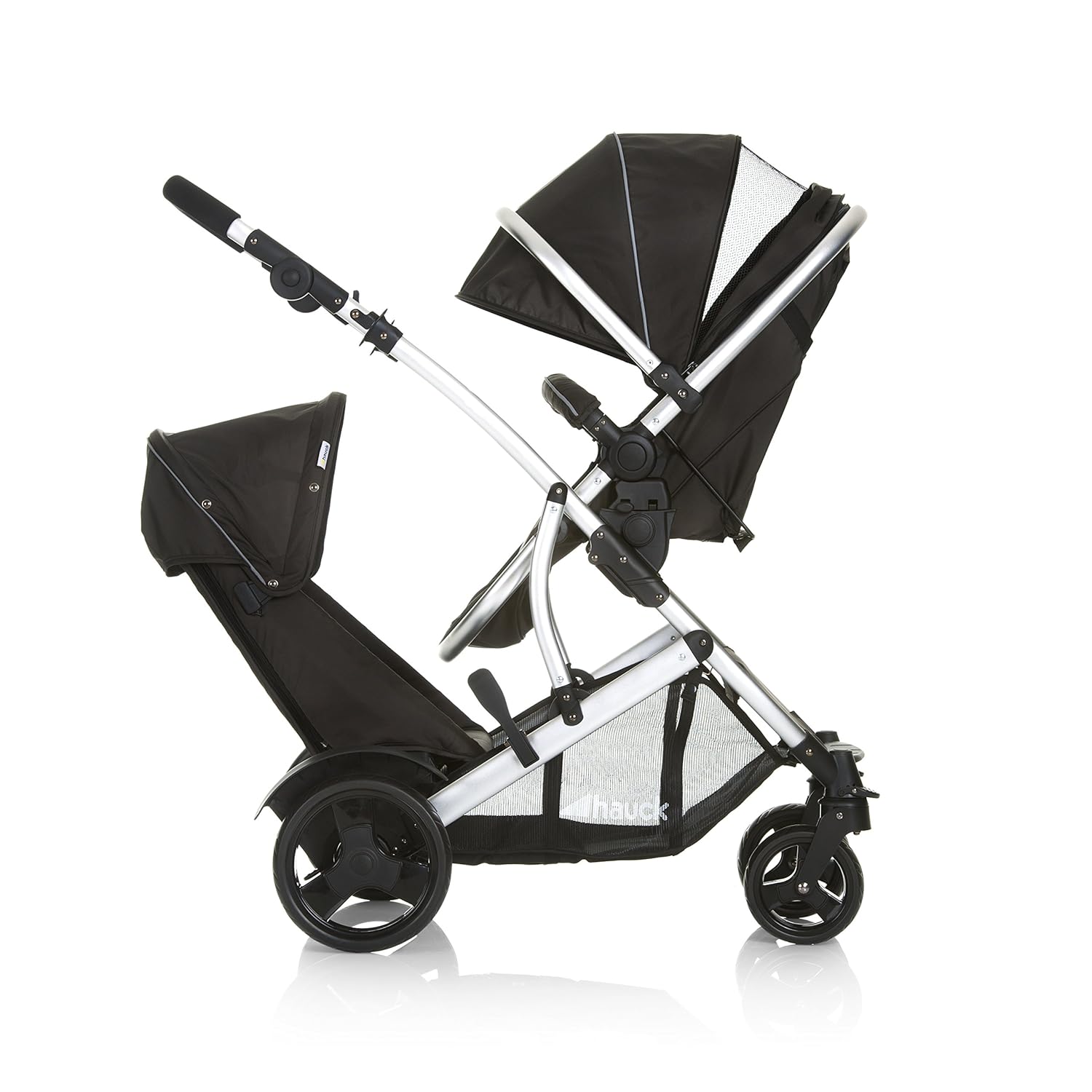 Hauck duet 2 double stroller for brothers of different ages, baby carry-on bag convertible into reversible seat, low detachable seat, height-adjustable handlebar, black forest
