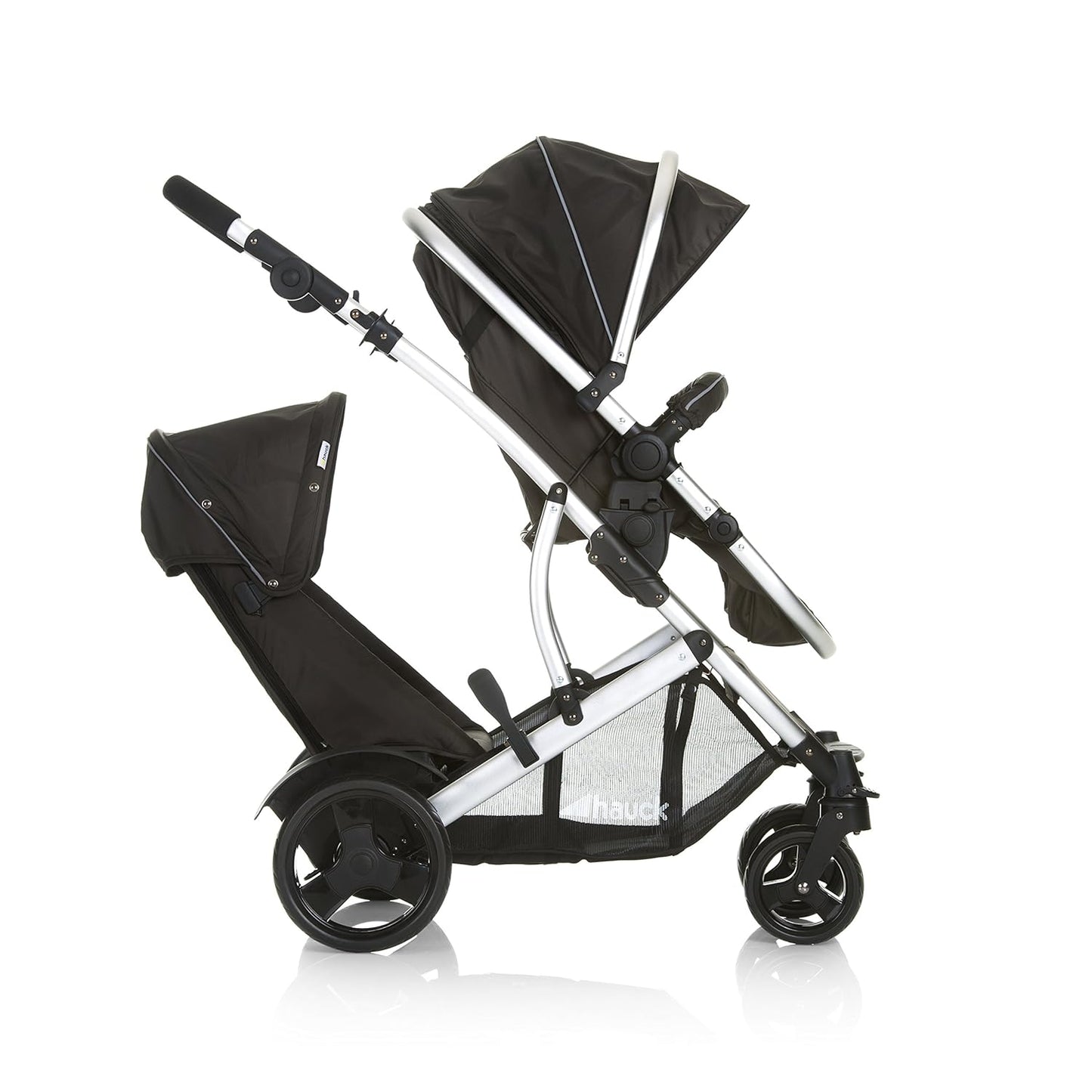 Hauck duet 2 double stroller for brothers of different ages, baby carry-on bag convertible into reversible seat, low detachable seat, height-adjustable handlebar, black forest