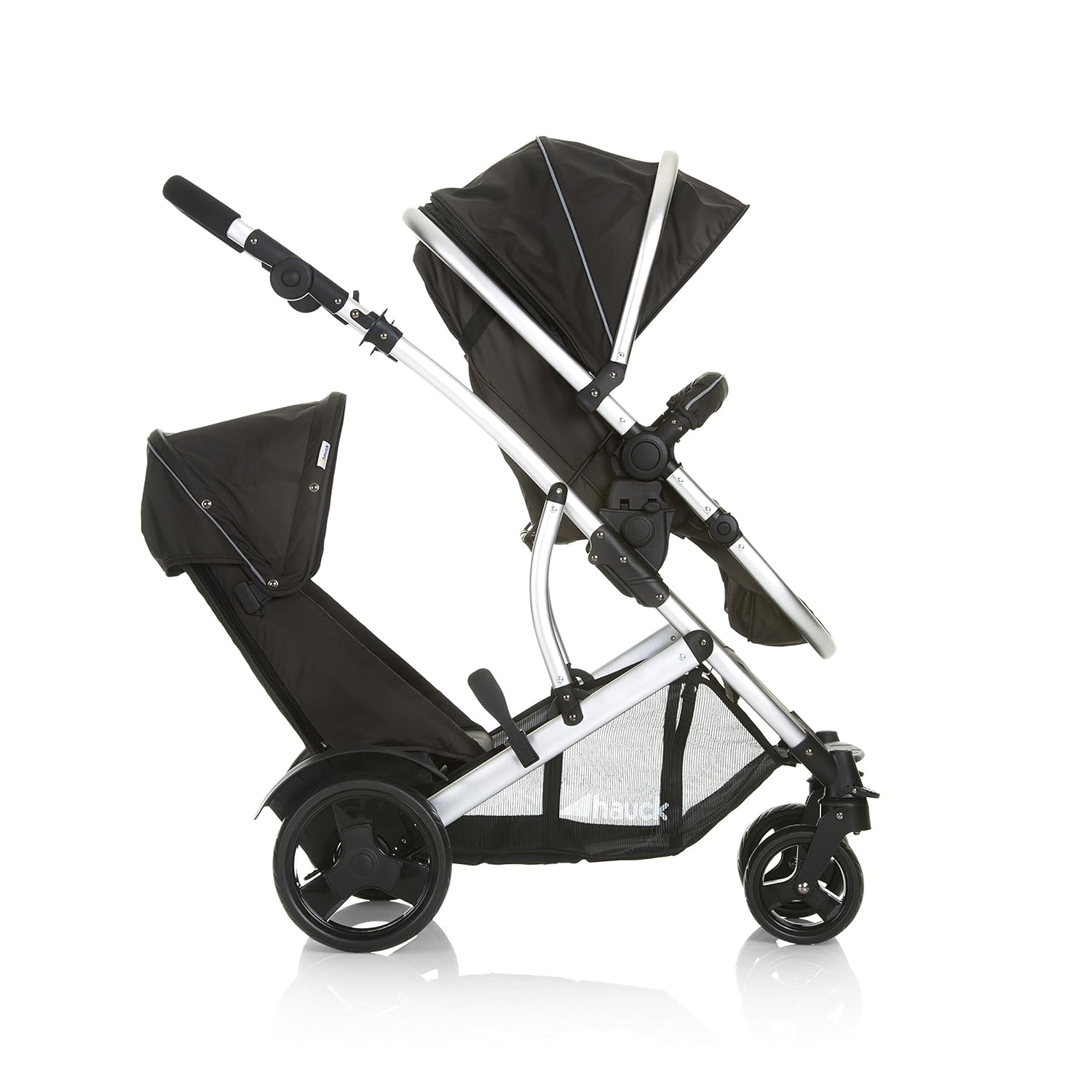 Hauck duet 2 double stroller for brothers of different ages, baby carry-on bag convertible into reversible seat, low detachable seat, height-adjustable handlebar, black forest