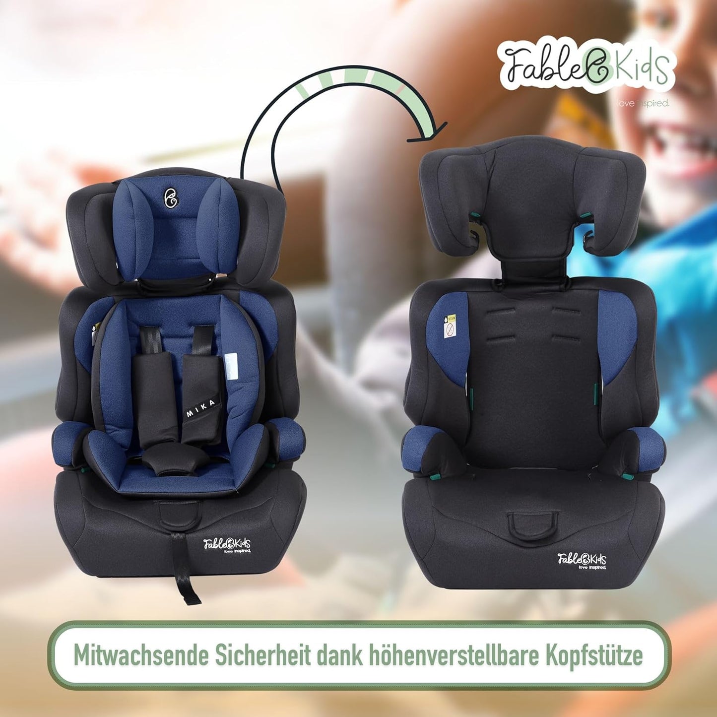 FableKids Children's Car Seat | 3-Point Safety Belt | Car Seat from 15 Months | Car Seat for Children 76-150 cm | Child Seat Adjustable Headrest | ECE R129/03 | Adjustable 44.5 x 41 x 68-75 cm | Blue