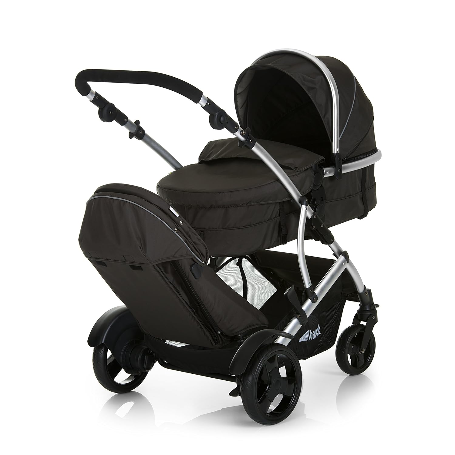 Hauck duet 2 double stroller for brothers of different ages, baby carry-on bag convertible into reversible seat, low detachable seat, height-adjustable handlebar, black forest