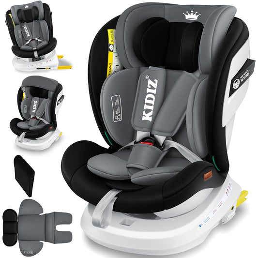 KIDIZ® Isofix Top Tether Child Car Seat 360° Rotatable Group 0/1/2/3 from Birth 0-36 kg with Sun Protection Roof Side Protection 5 Point Belt Headrest Adjustment ECE R129 Black