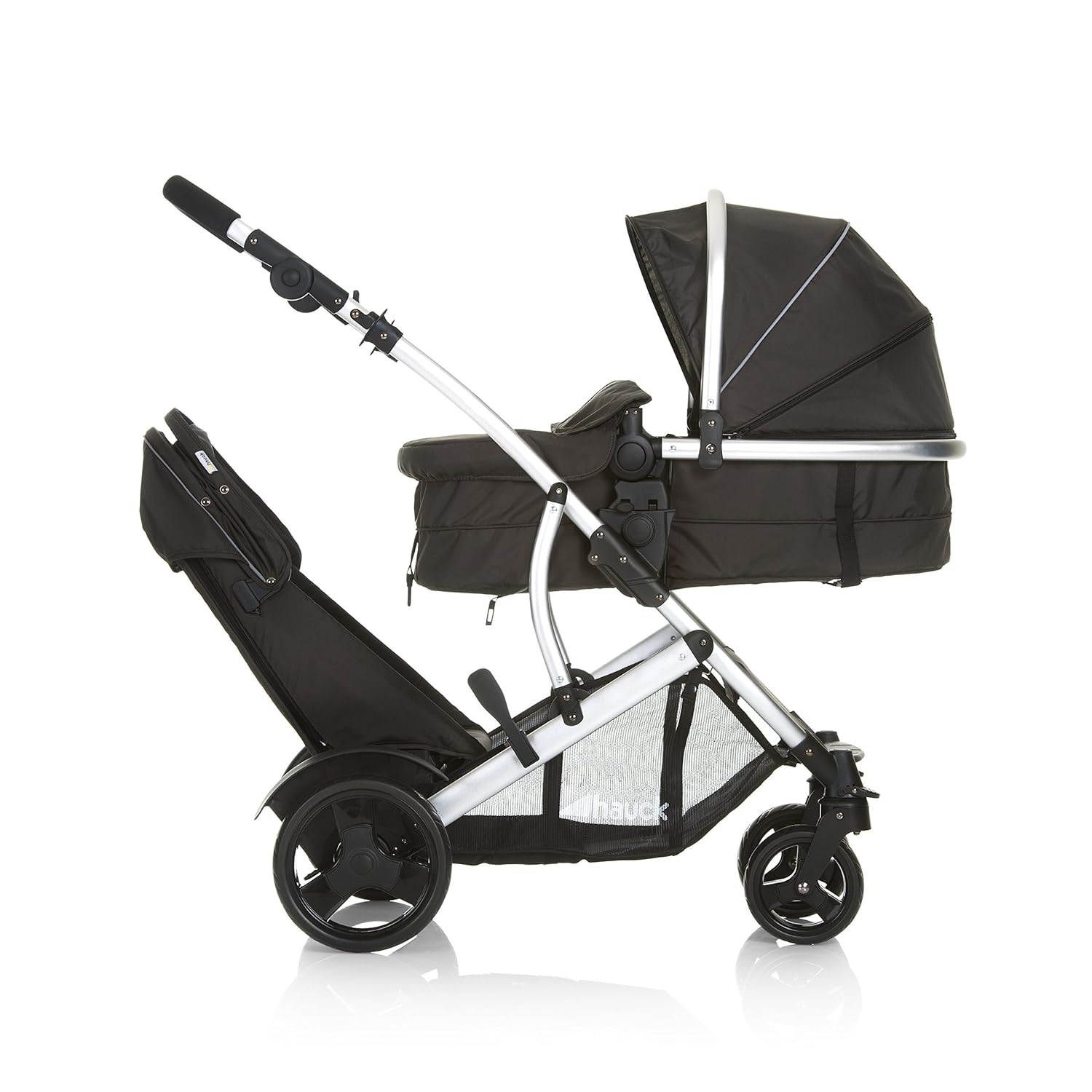 Hauck duet 2 double stroller for brothers of different ages, baby carry-on bag convertible into reversible seat, low detachable seat, height-adjustable handlebar, black forest