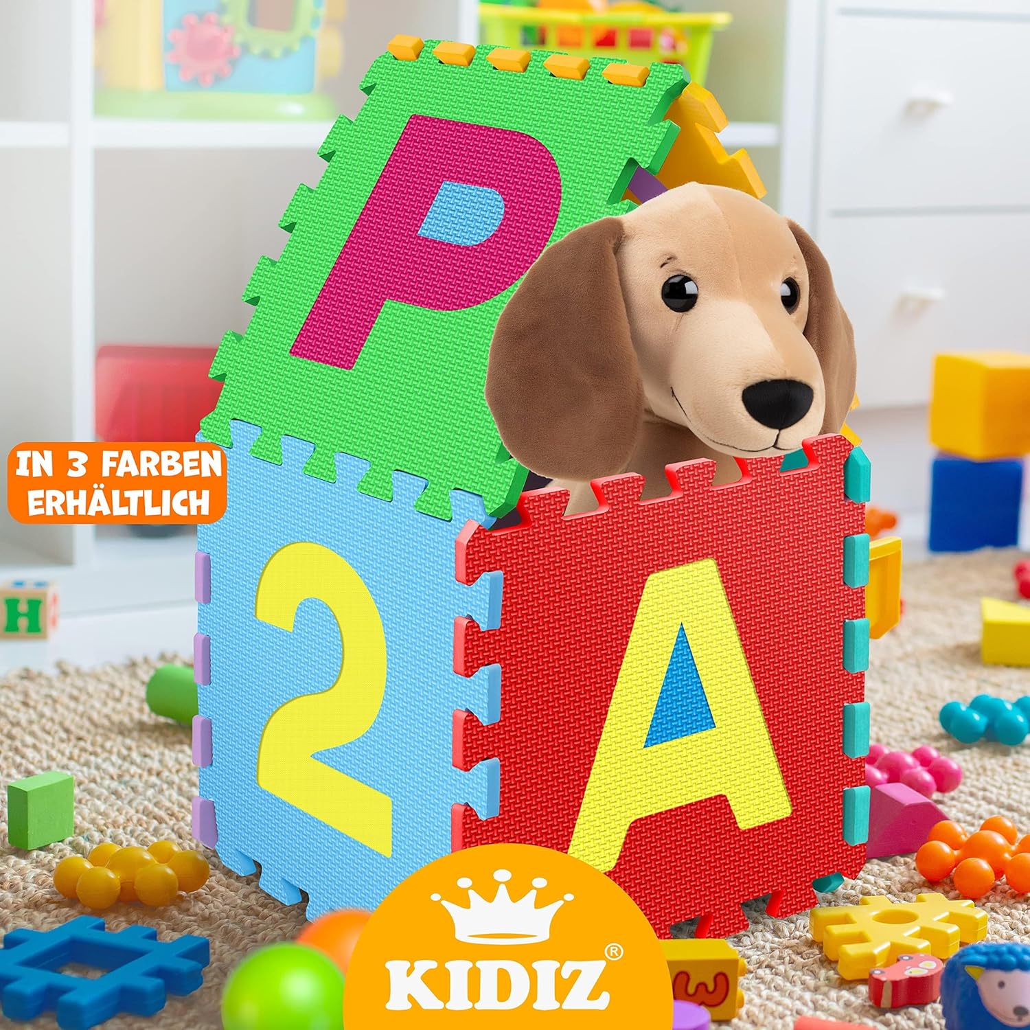 KIDIZ® Spielmatte 86 TLG Spielteppich Puzzlematte Kinderteppich Schutzmatte Kinderspielteppich Schaumstoffmatte ABC Lernteppich Puzzleteppich Puzzle Zahlen Buchstaben Maß je Matte ca. 31,5x31,5cm Bunt