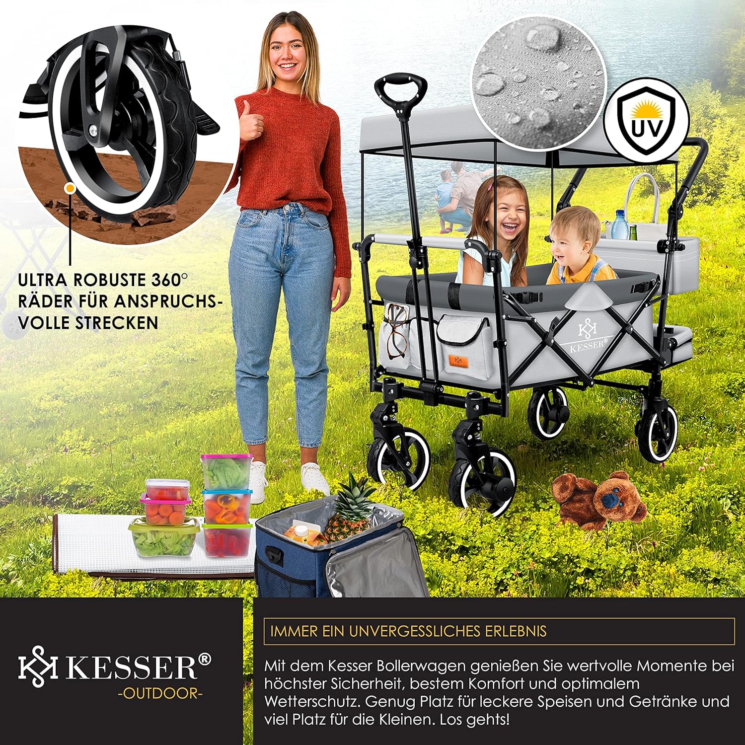 KESSER® Bollerwagen Faltbar GTS-9100 mit Dach Handwagen Transportwagen klappbar inkl. 2X 3-Punkt Gurtsystem 360° Vollgummi-Reifen & Innenraumverlängerung Vorder- und Hinter-Bremse + Tragetasche Grau