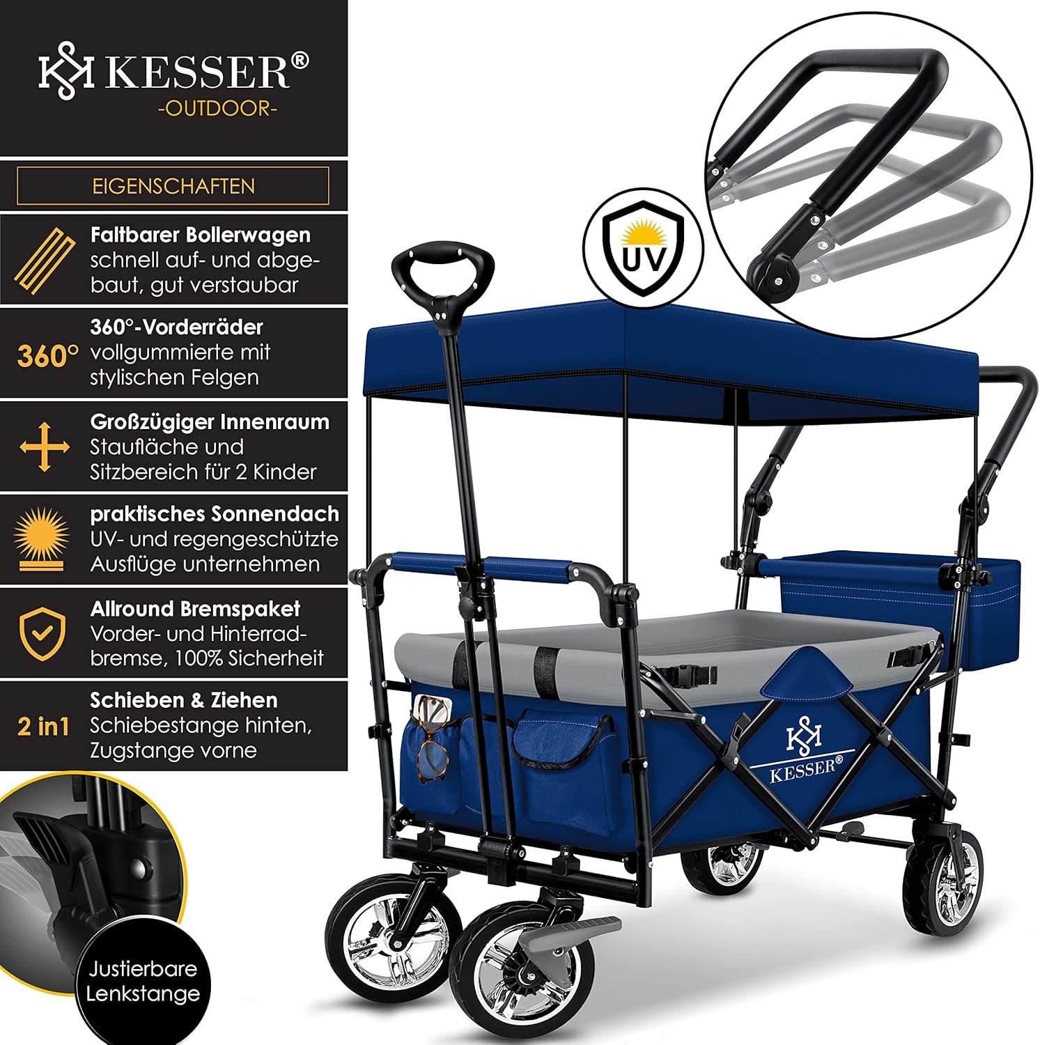 KESSER® Bollerwagen faltbar GT9000 mit Dach Handwagen Transportwagen | inkl. 2X 3-Punkt Gurtsystem| klappbar | Vollgummi-Reifen | bis 80 kg | Vorder- und Hinter-Bremse + Tragetasche, Blau/Grau