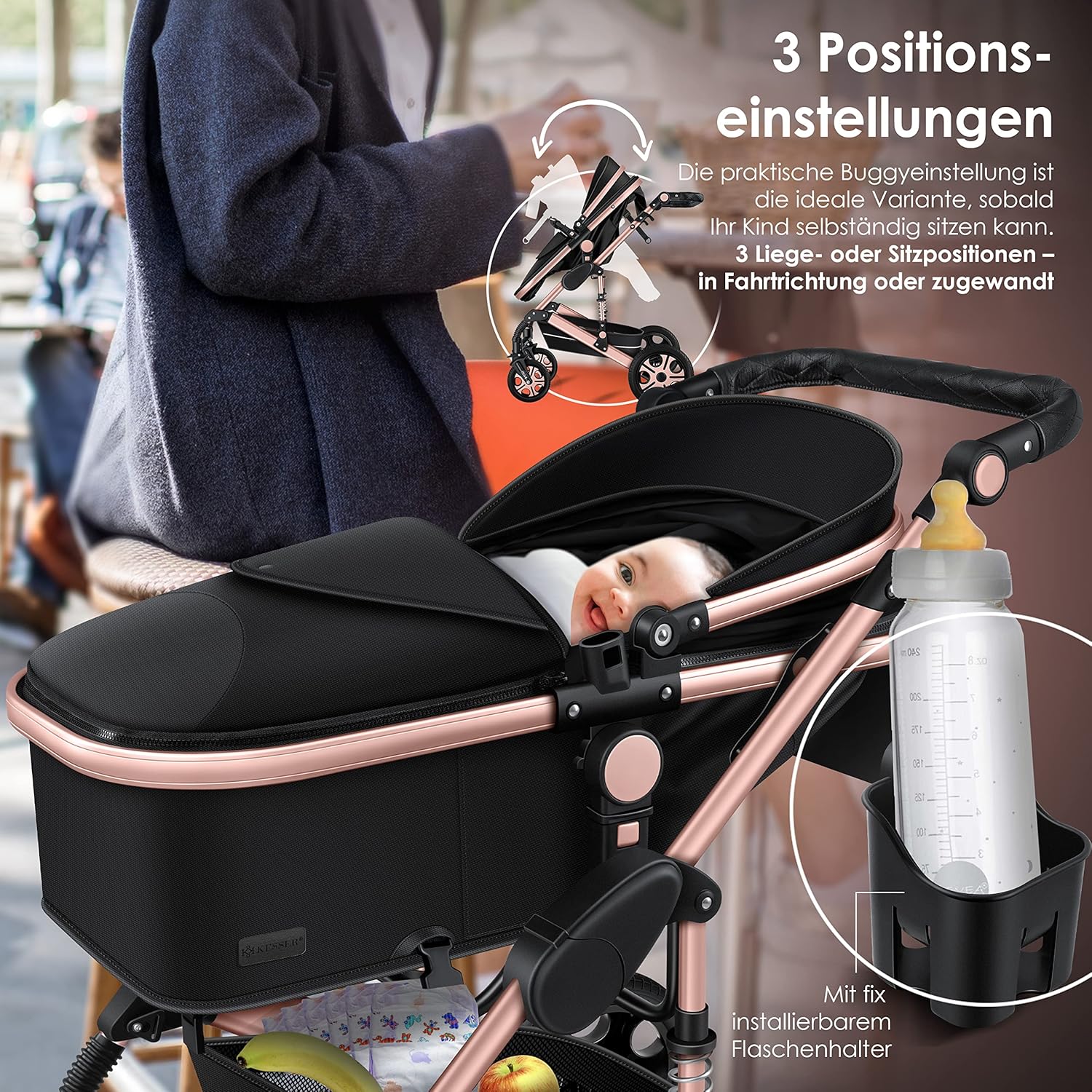 KESSER® Loops 3 in 1 Kinderwagen Kombikinderwagen Komplett-Set inkl. Babywanne & Buggy Sportsitz & Auto-Babyschale Voll-Gummireifen Wickeltasche Regenschutz Kindertisch ECE R129, Schwarz/Rosé Gold