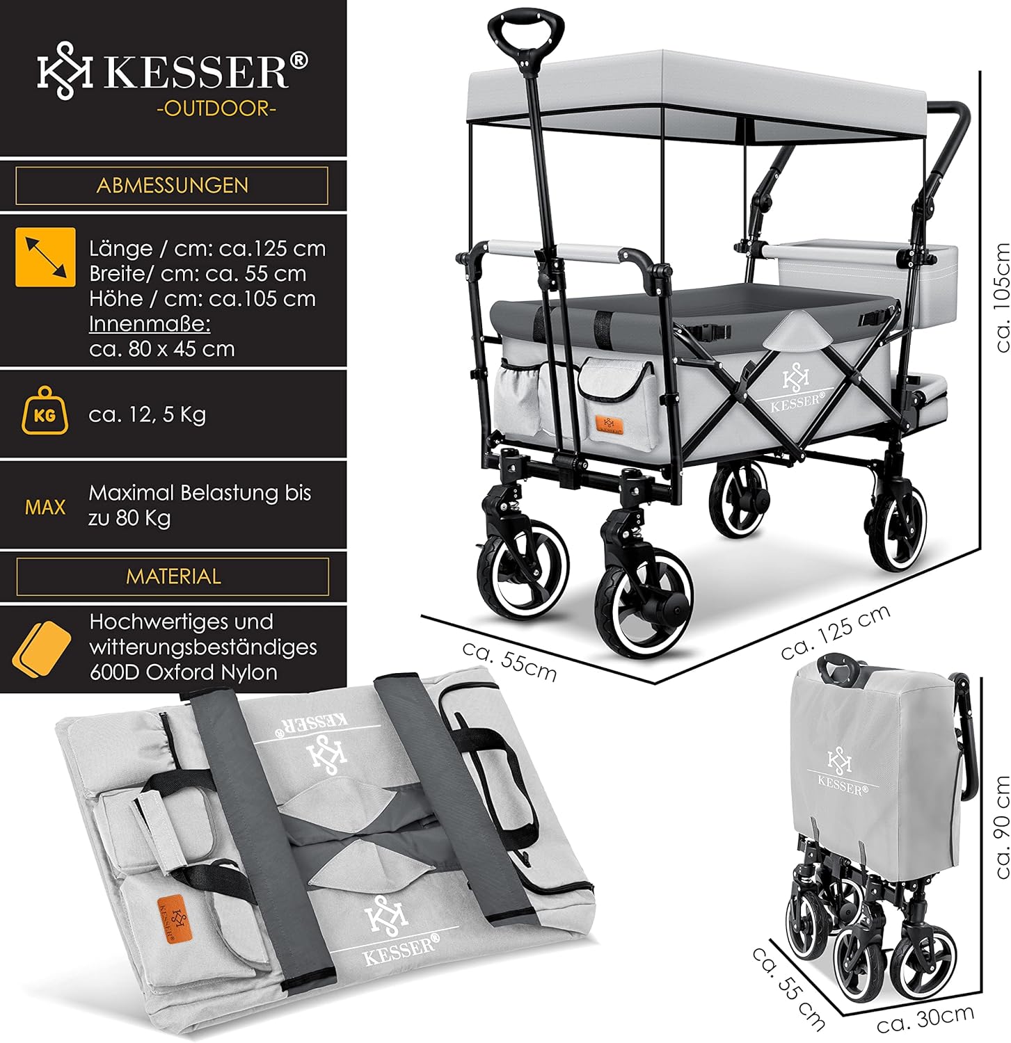 KESSER® Bollerwagen Faltbar GTS-9100 mit Dach Handwagen Transportwagen klappbar inkl. 2X 3-Punkt Gurtsystem 360° Vollgummi-Reifen & Innenraumverlängerung Vorder- und Hinter-Bremse + Tragetasche Grau