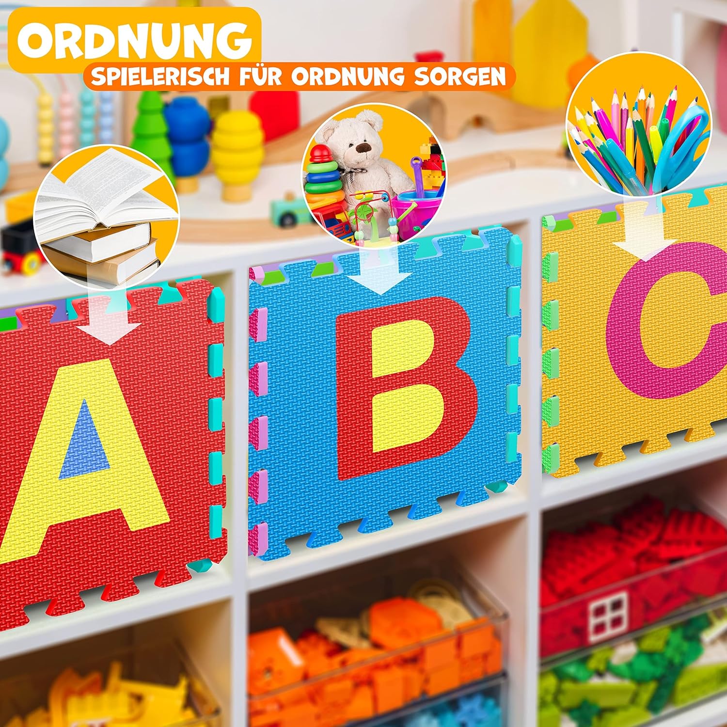 KIDIZ® Spielmatte 86 TLG Spielteppich Puzzlematte Kinderteppich Schutzmatte Kinderspielteppich Schaumstoffmatte ABC Lernteppich Puzzleteppich Puzzle Zahlen Buchstaben Maß je Matte ca. 31,5x31,5cm Bunt