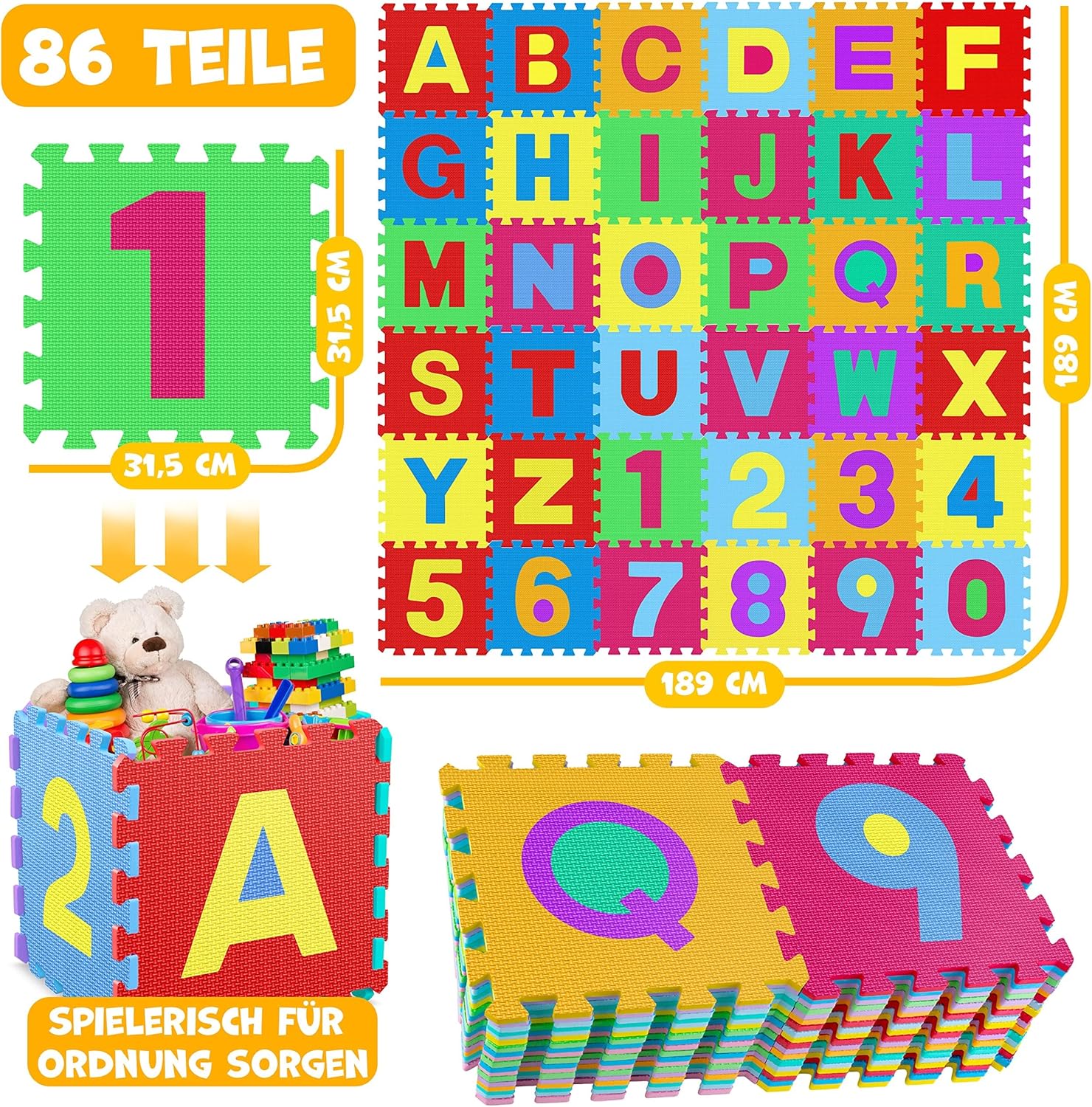KIDIZ® Spielmatte 86 TLG Spielteppich Puzzlematte Kinderteppich Schutzmatte Kinderspielteppich Schaumstoffmatte ABC Lernteppich Puzzleteppich Puzzle Zahlen Buchstaben Maß je Matte ca. 31,5x31,5cm Bunt